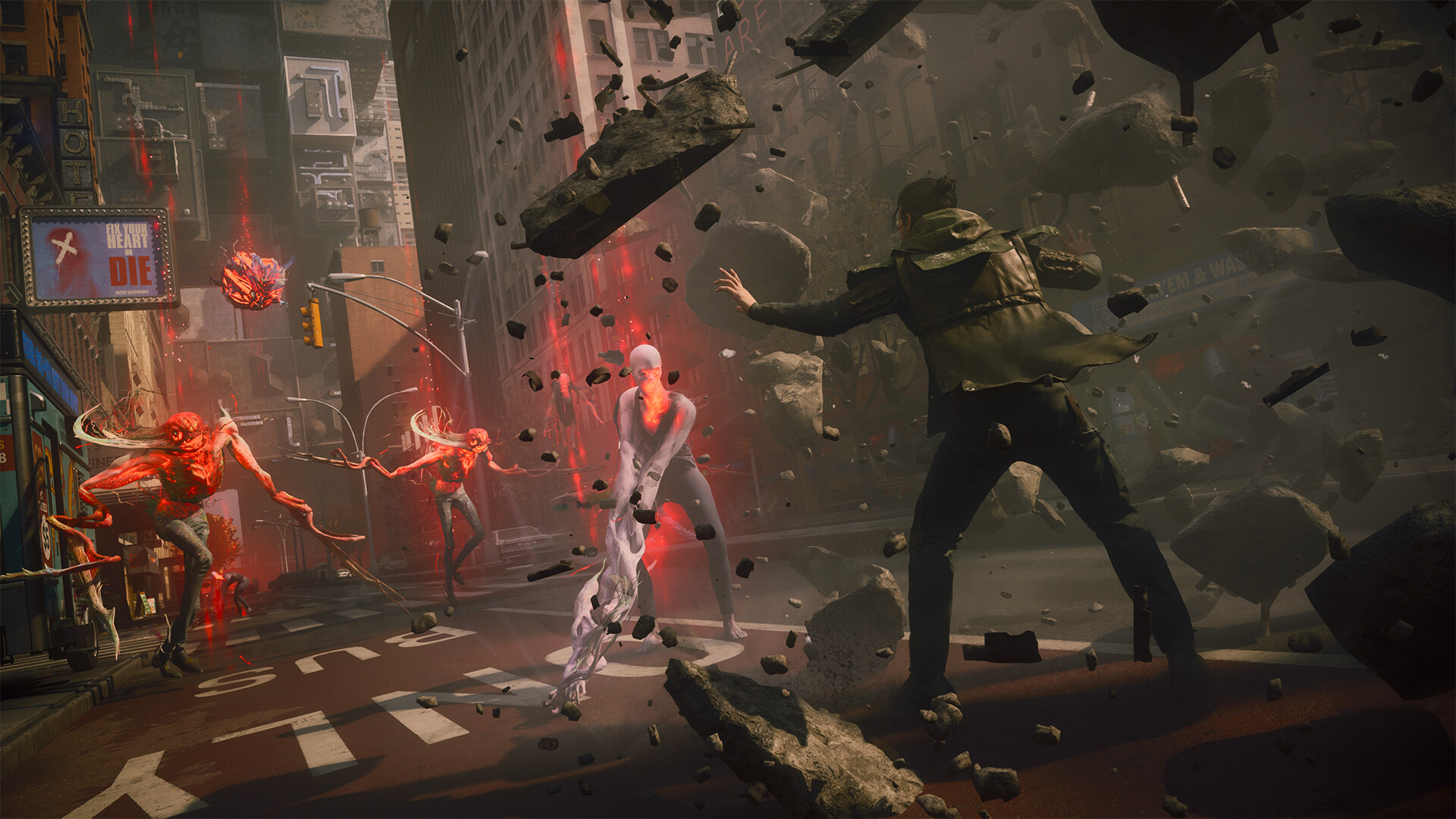 Dylan Faden holding a cloud of shattered rubble in the air with an outstretched hand while red Hiss-corrupted enemies and a pale figure advance along a wrecked Manhattan avenue