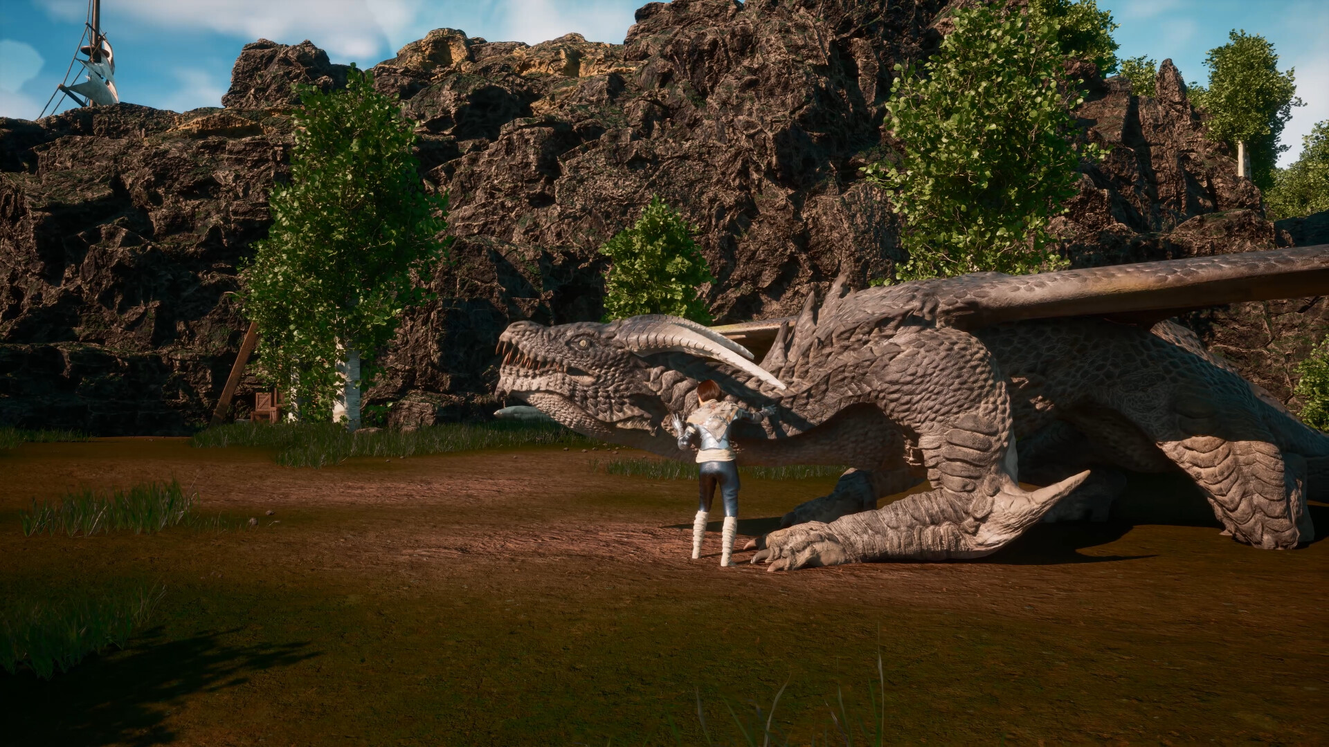 A character stands beside a resting grey dragon in a grassy clearing