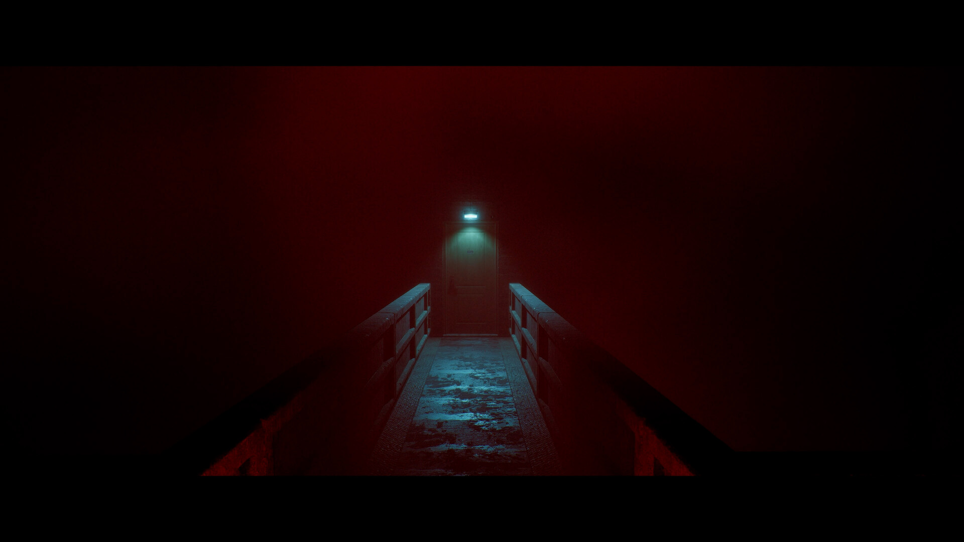 A red-lit Otherworld walkway leading to a single lit door