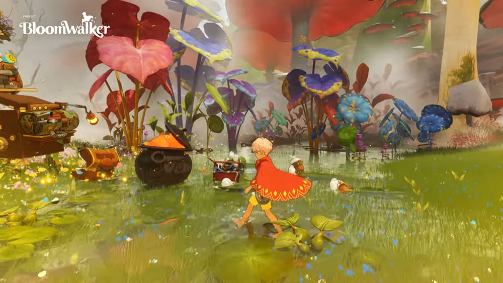 2025 promotional image of the protagonist walking through a flowering meadow beside a cauldron
