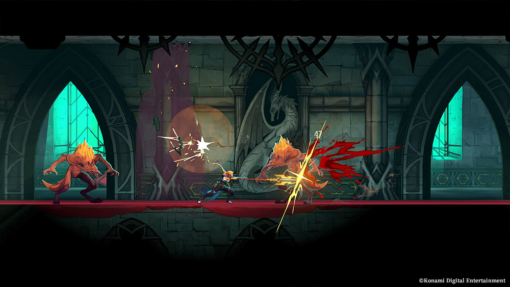 Rose strikes an orange wolf-like enemy with a polearm while a second one closes in, in a hall carved with a stone dragon