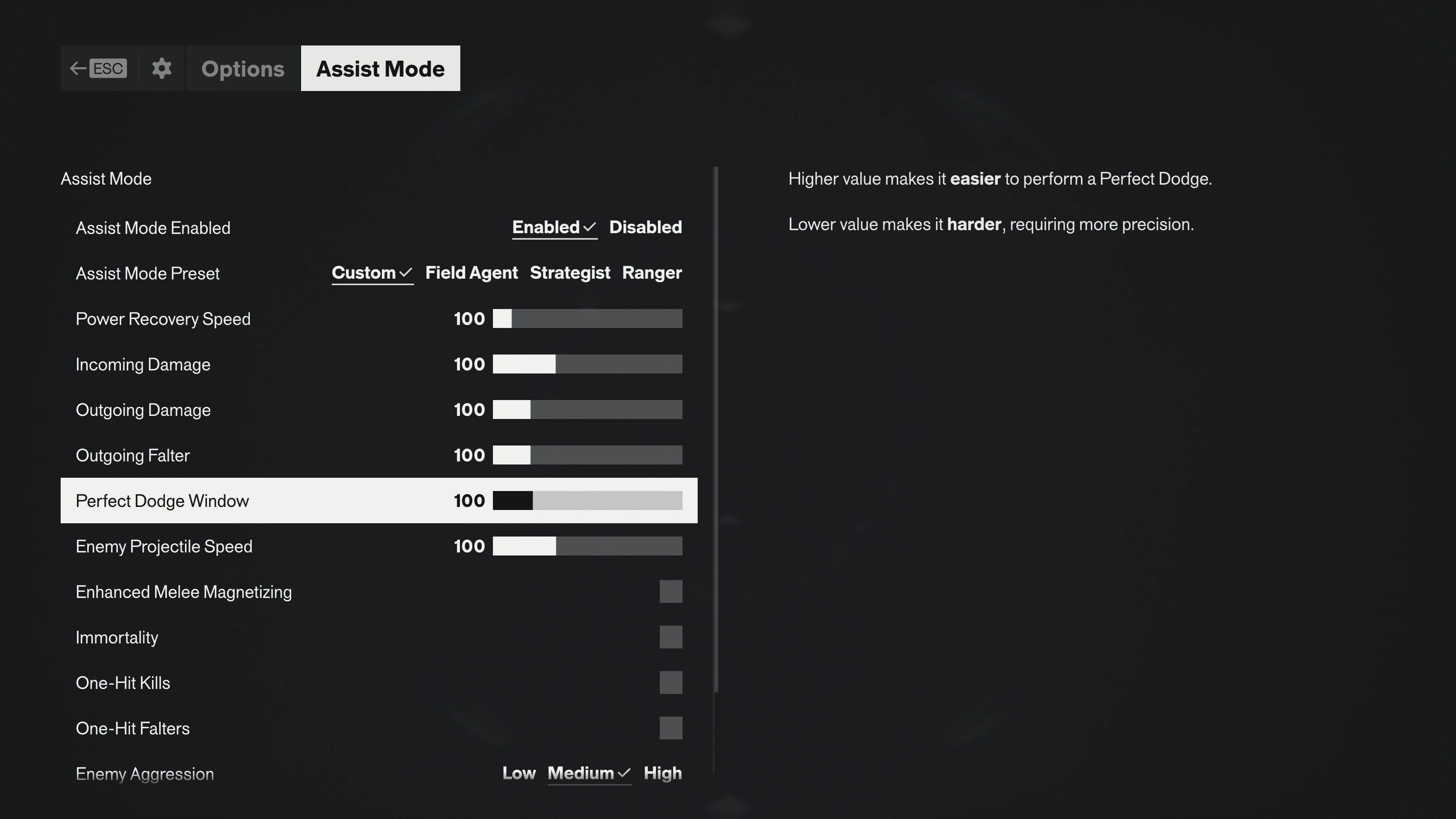 Assist Mode options screen at default values, every slider at 100 and Enemy Aggression on Medium, with the Perfect Dodge Window tooltip