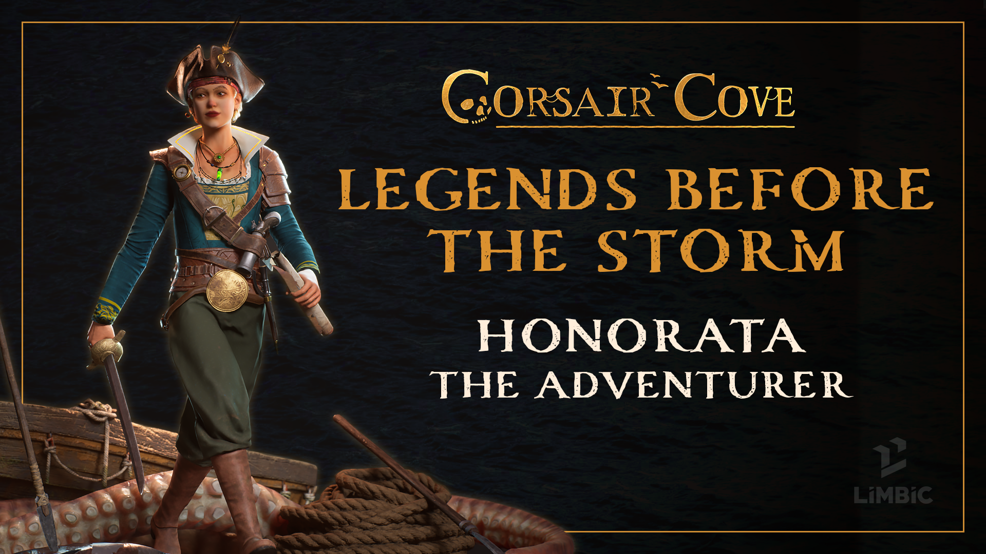 Key art of the pirate captain Honorata Van Horn standing on a ship deck in period dress with sabers and a tricorn hat