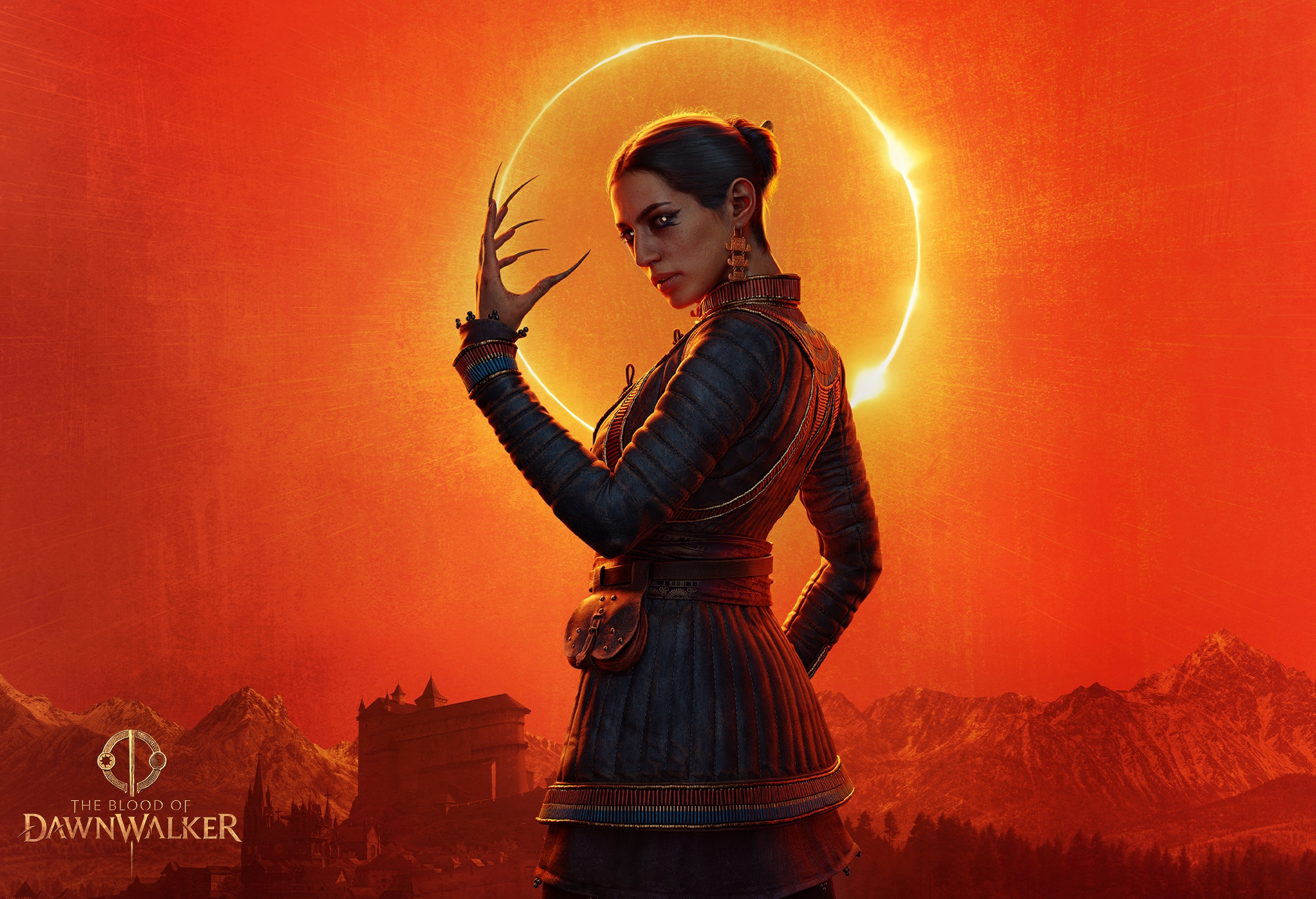 Official character art of Lacra glancing over her shoulder with one clawed hand raised before a solar eclipse