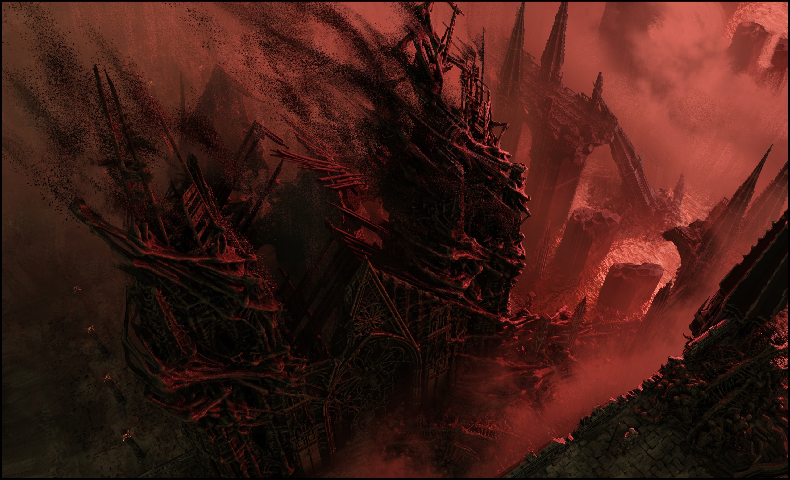 Concept art of jagged red spires rising from a corrupted landscape under a blood-red sky