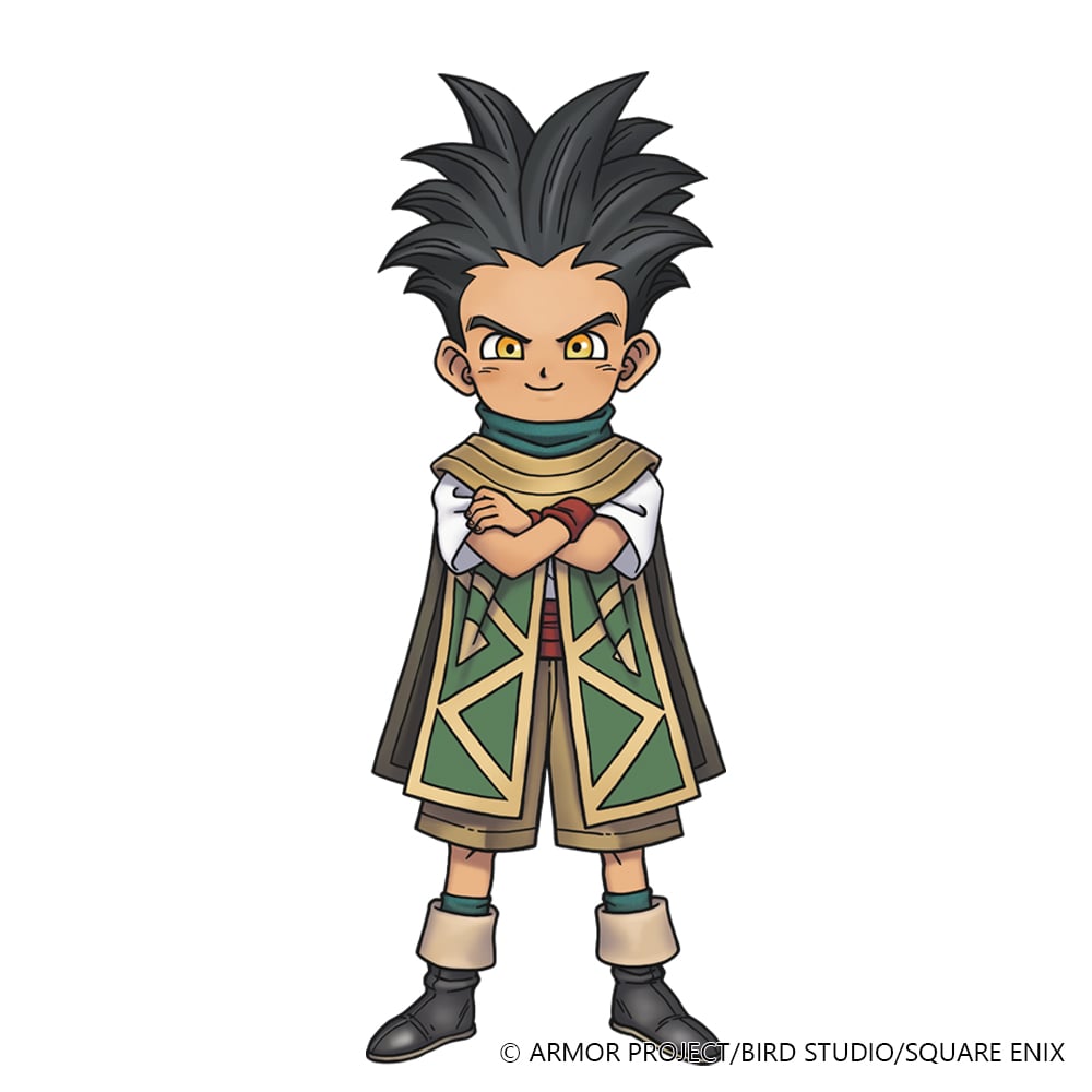 Official character art of Ed, a boy with tall spiky black hair and yellow eyes, arms folded, wearing a patterned green and tan cape