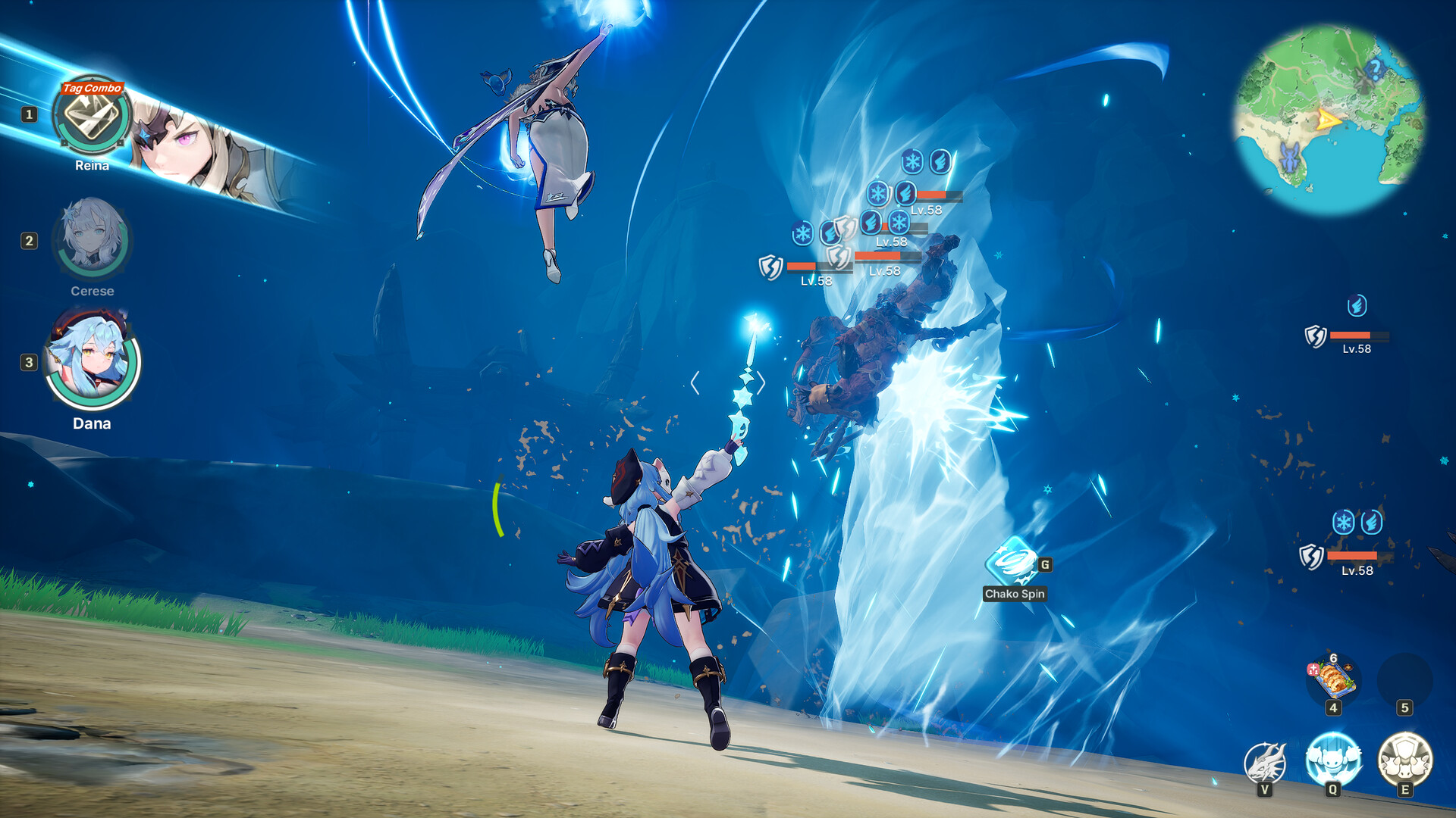 Combat in DragonSword : Awakening showing the three-slot party bar with Reina, Cerese, and Dana, a Tag Combo prompt on the active Hero, and Dana casting Chako Spin into a column of ice