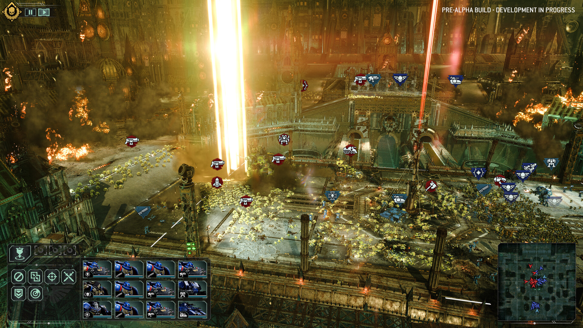 A real-time battle in a hive city, with several orbital lance beams striking down into a massed Ork advance as Space Marine units hold the plaza