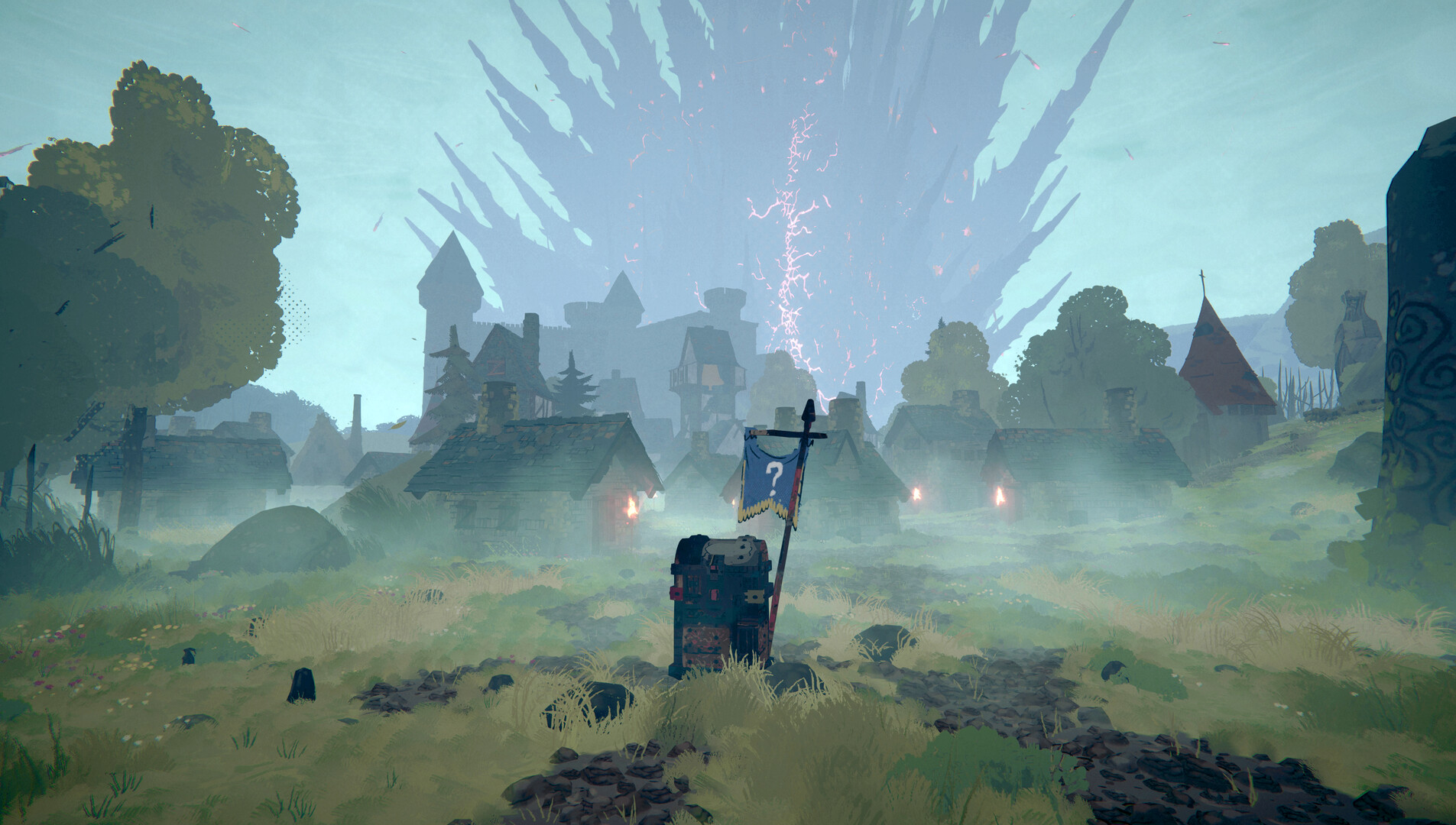 The player's home settlement in Tears of Metal seen at dawn, with a quest banner planted in the grass and the Dragon Stone Meteor streaking down over the castle behind it