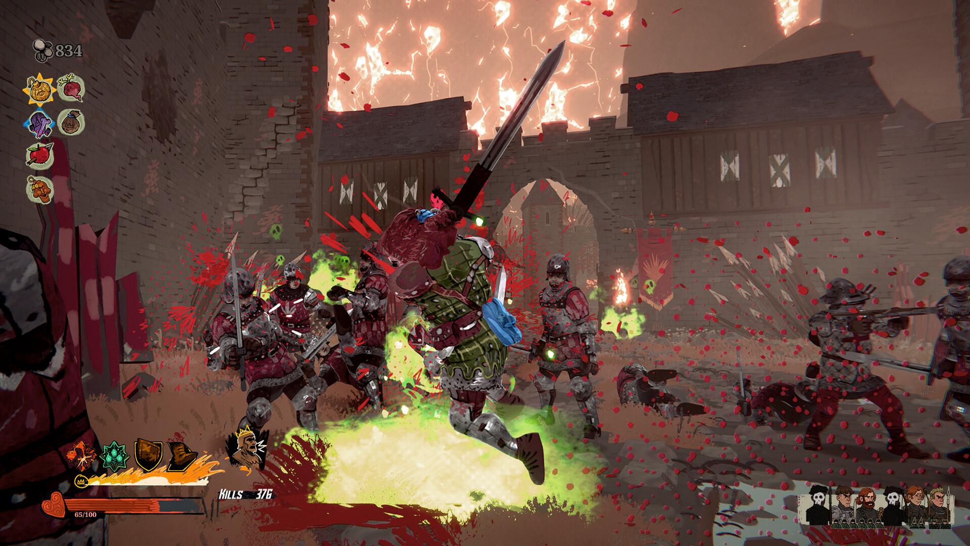 A hero of Tears of Metal leaps into a crowd of invaders with a raised sword at a burning castle gatehouse, a green explosion marking the landing point