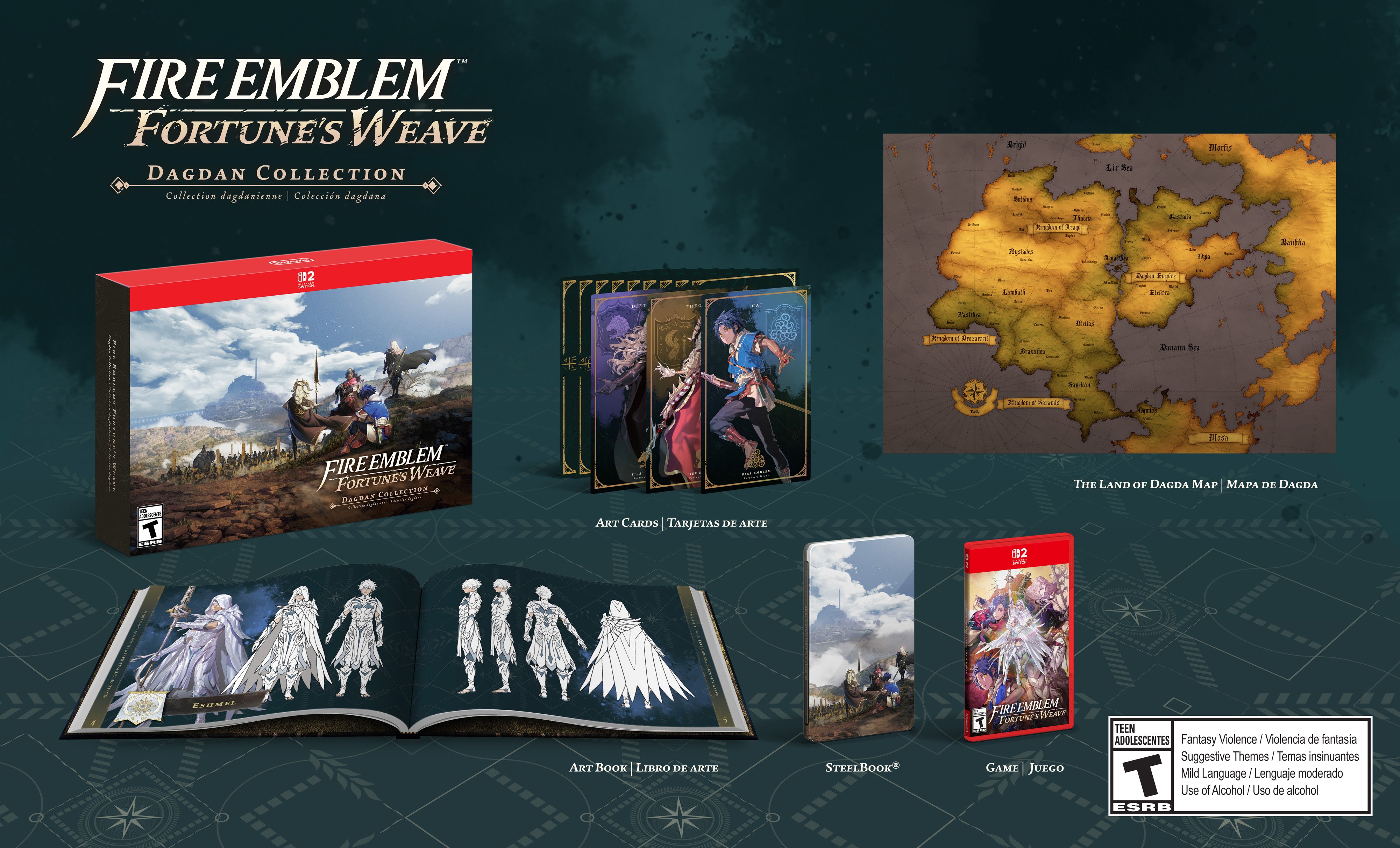Contents layout for the Dagdan Collection edition, including art cards, a printed map of Dagda, an art book and a SteelBook