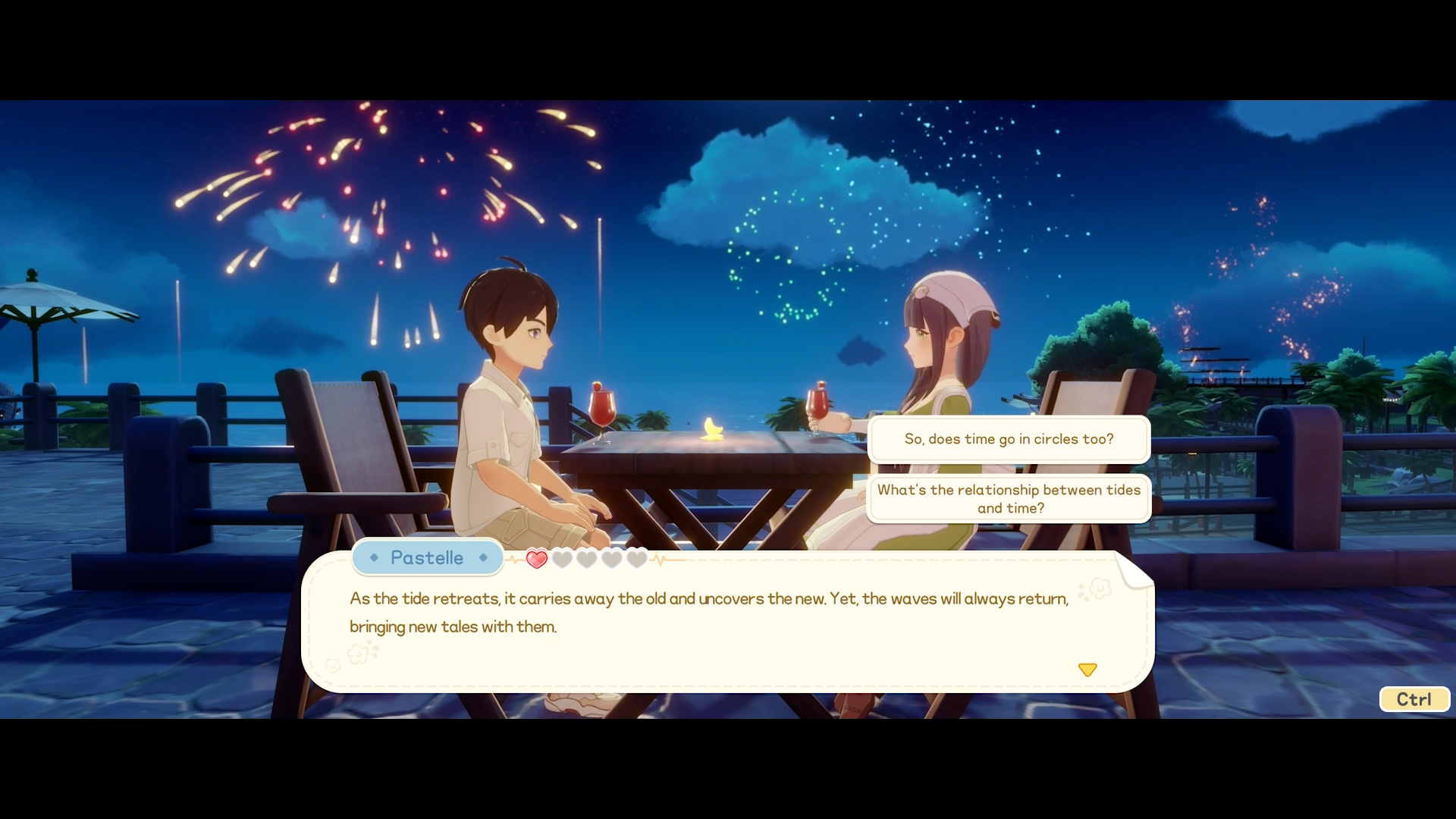 Pastelle romance dialogue scene with fireworks in the background