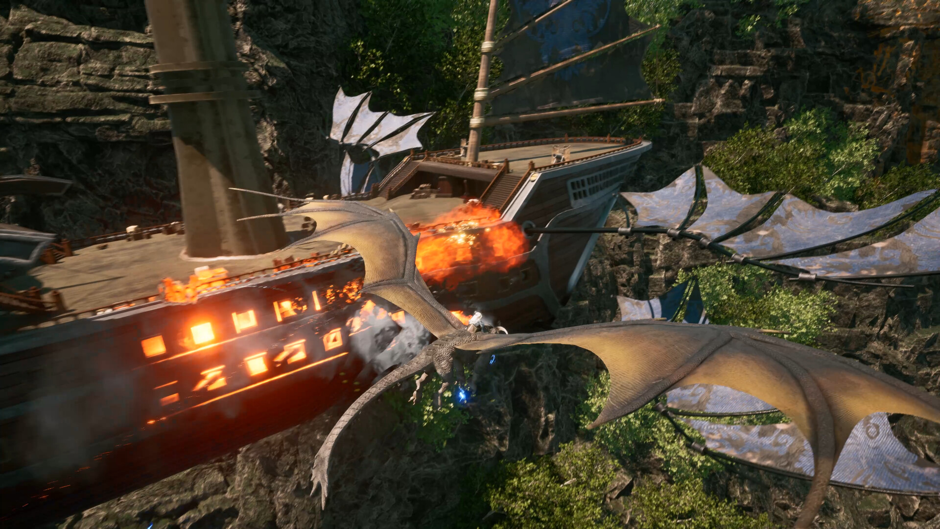 A dragon attacks the flank of an airship with fire beside a forested cliff