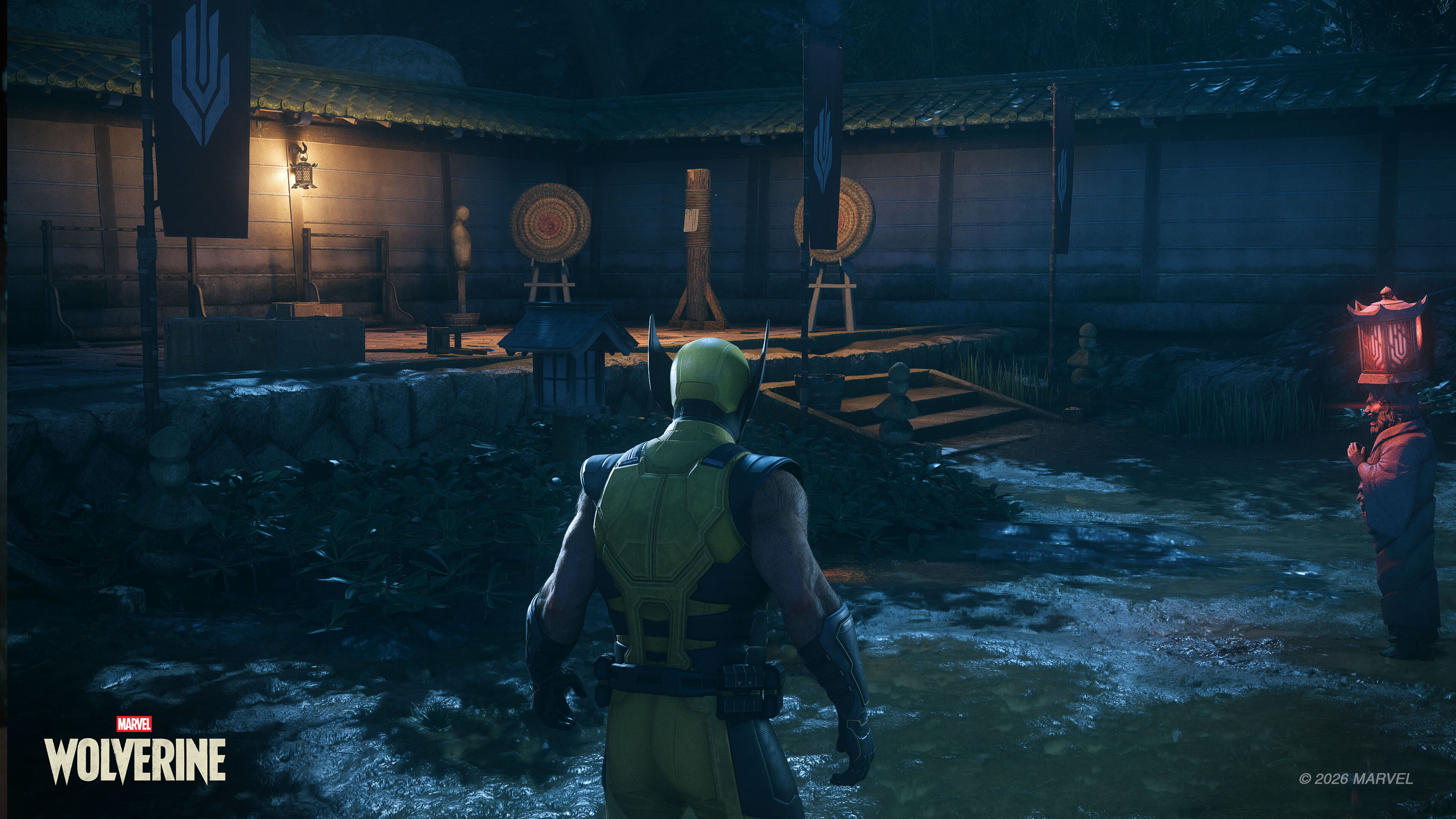 A walled night training courtyard with archery targets and a striking post, the kind of campaign location the trials rebuild as a vertical dream