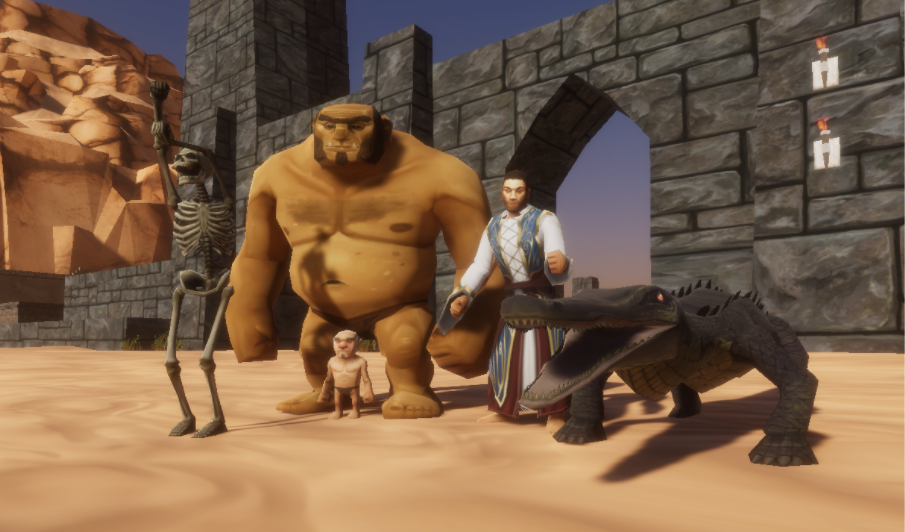 In development view of an Ogre, a Halfling, an armoured Human, a skeleton and a reptilian creature gathered before a stone gate