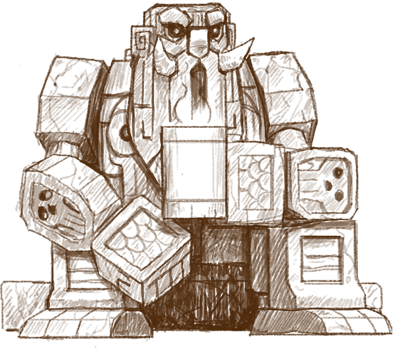 Concept sketch of a Deep Dwarf enclosed in a boxy suit of heavy plated machinery