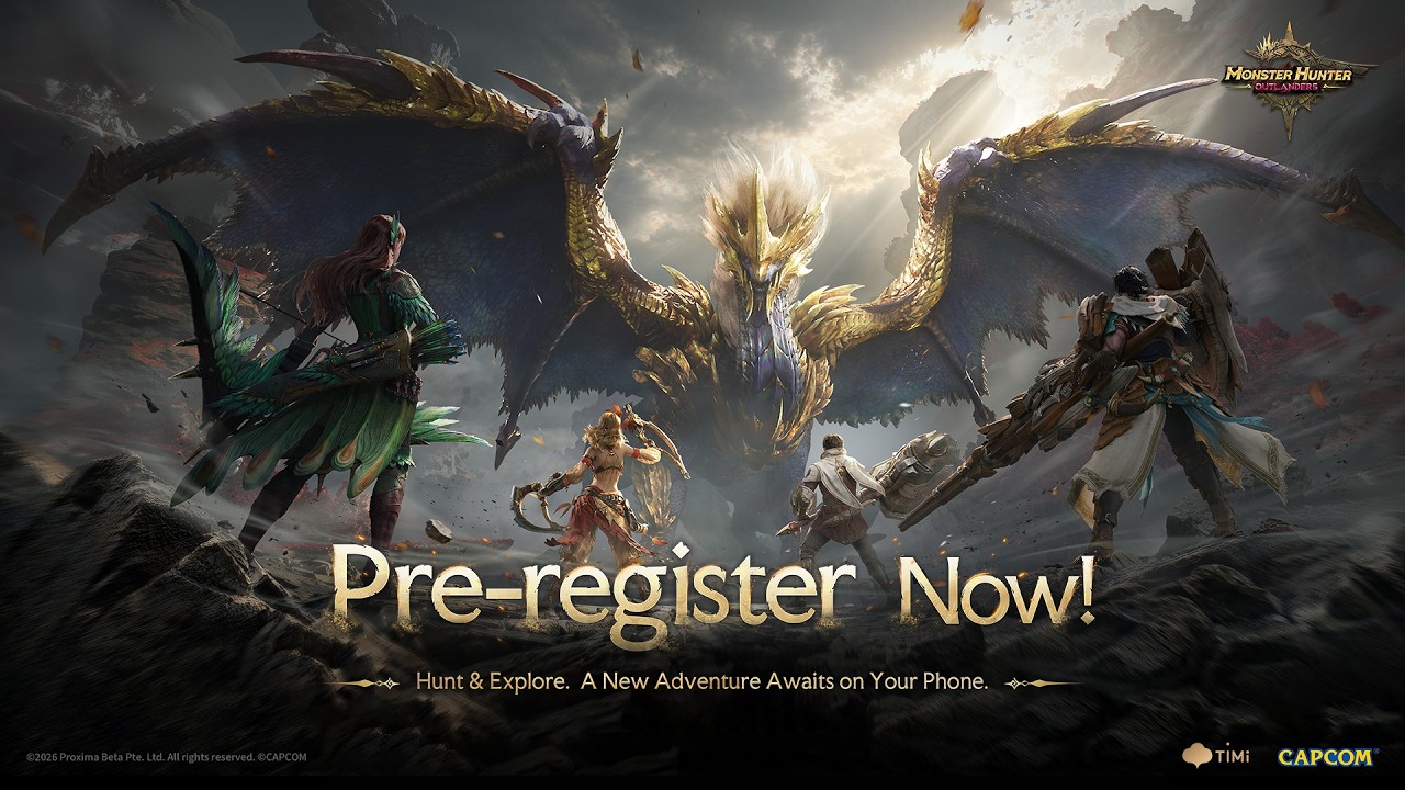 Pre-registration key art for Monster Hunter Outlanders showing a group of Adventurers facing Ruger Aidal