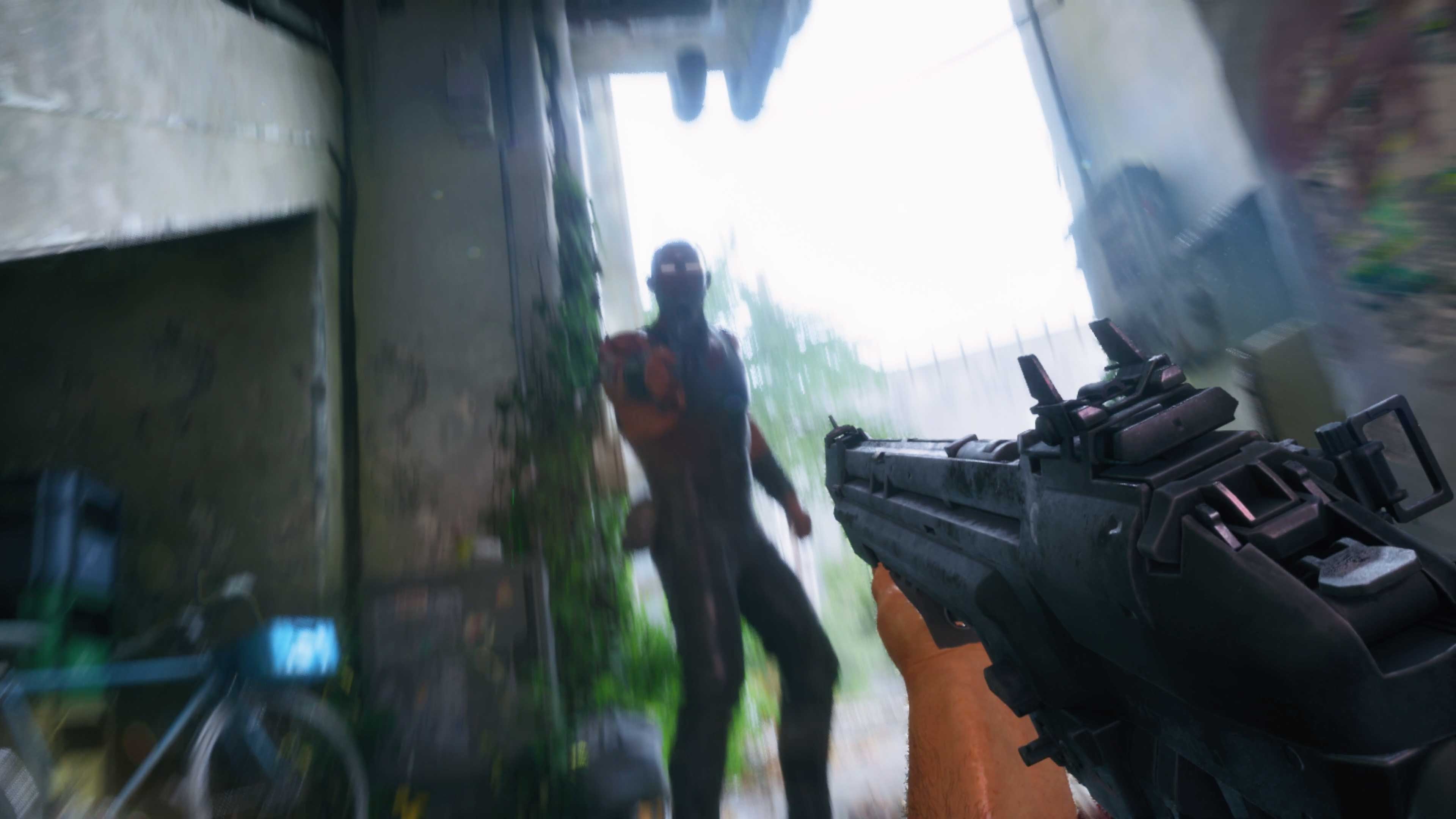 First-person view of a pistol raised mid-slide toward an enemy silhouetted in a bright doorway