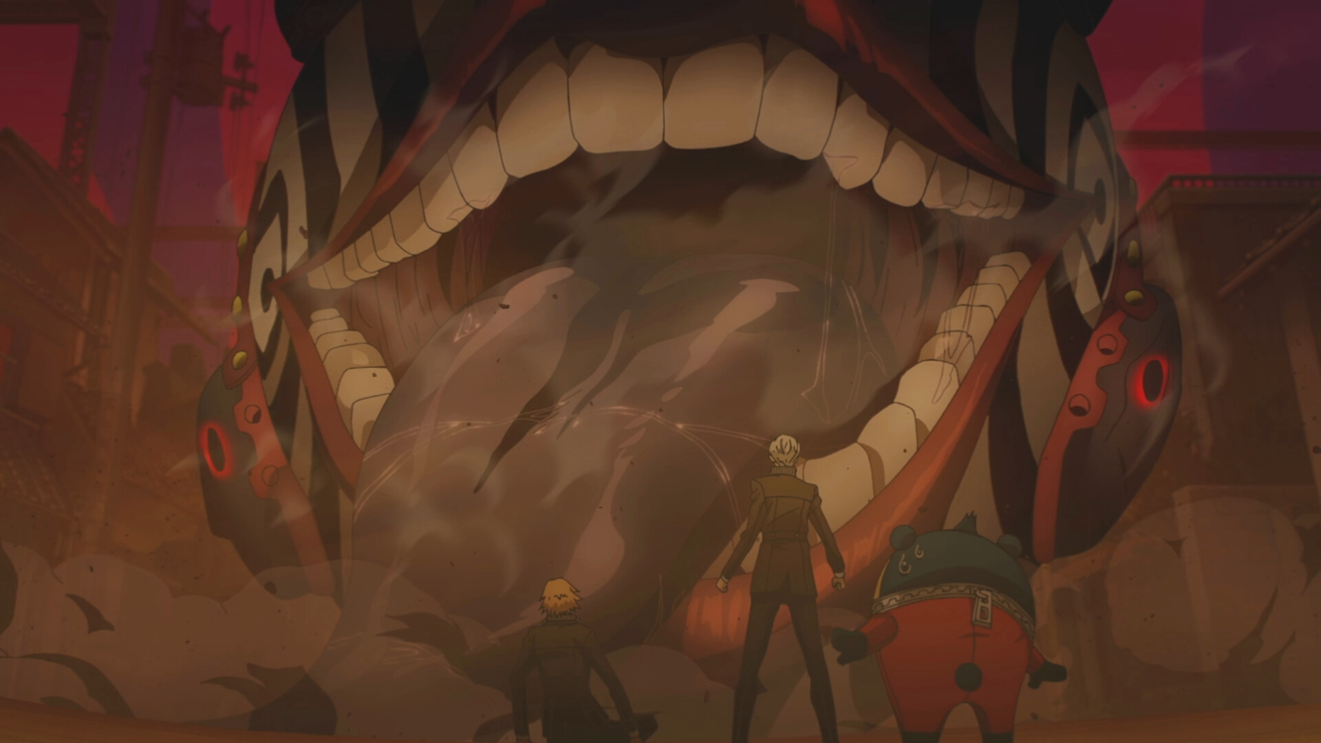 Hand-drawn animated cutscene showing the protagonist, a companion and Teddie standing before an enormous striped Shadow whose open mouth fills the frame