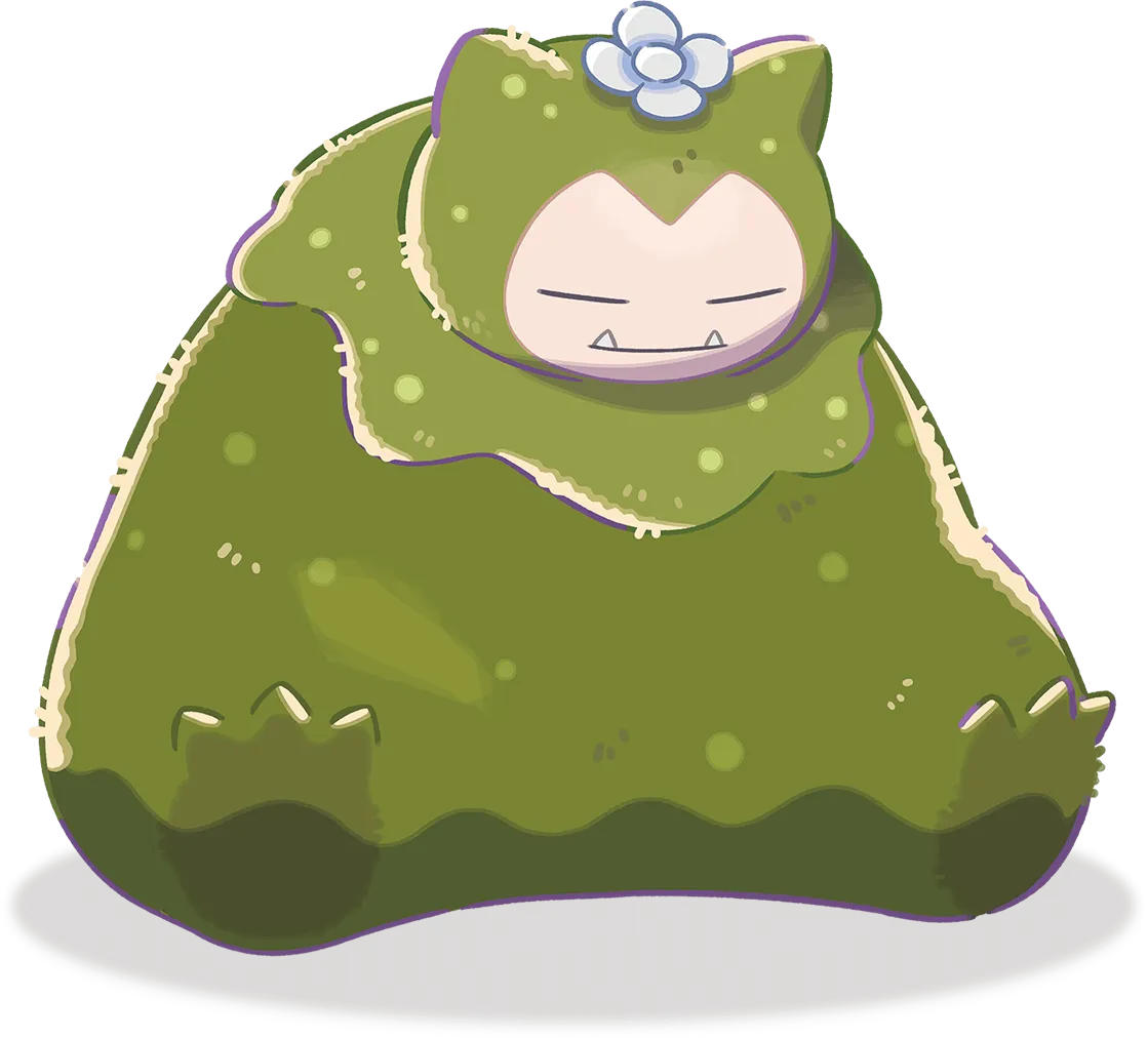 Official character artwork of Mosslax, the moss-covered Snorlax variant that lives in forests in Pokopia