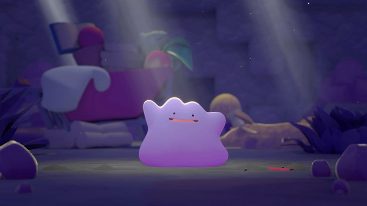 Ditto in its natural pink blob form during a cinematic scene with dramatic lighting