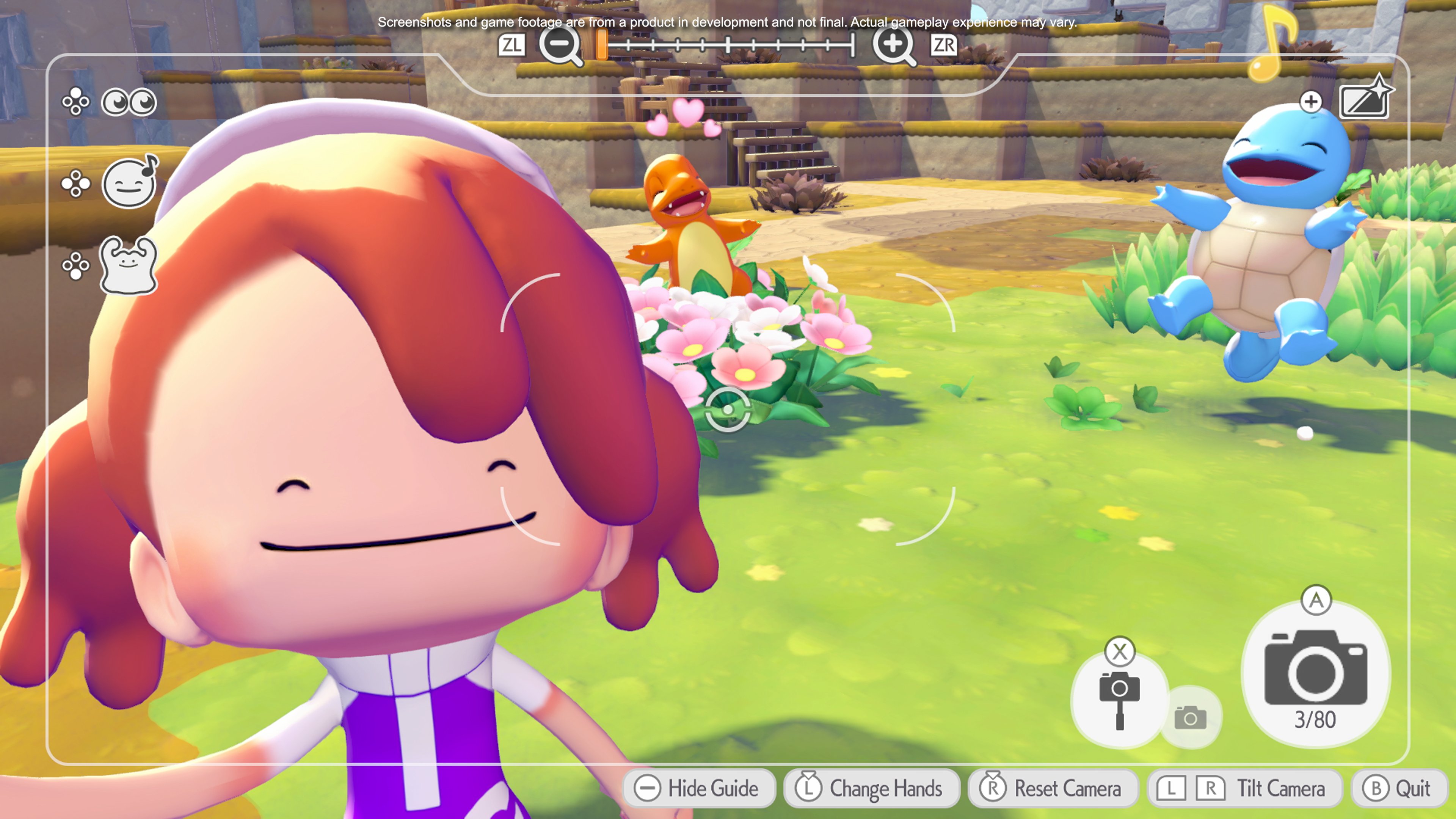Photo mode selfie with Charmander and Squirtle in the background among flowers. This shows camera UI controls