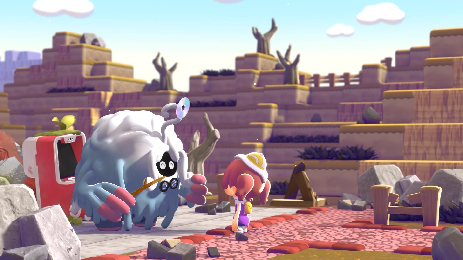 Professor Tangrowth with white vines and wise glasses meeting Ditto in the Withered Wasteland among broken debris