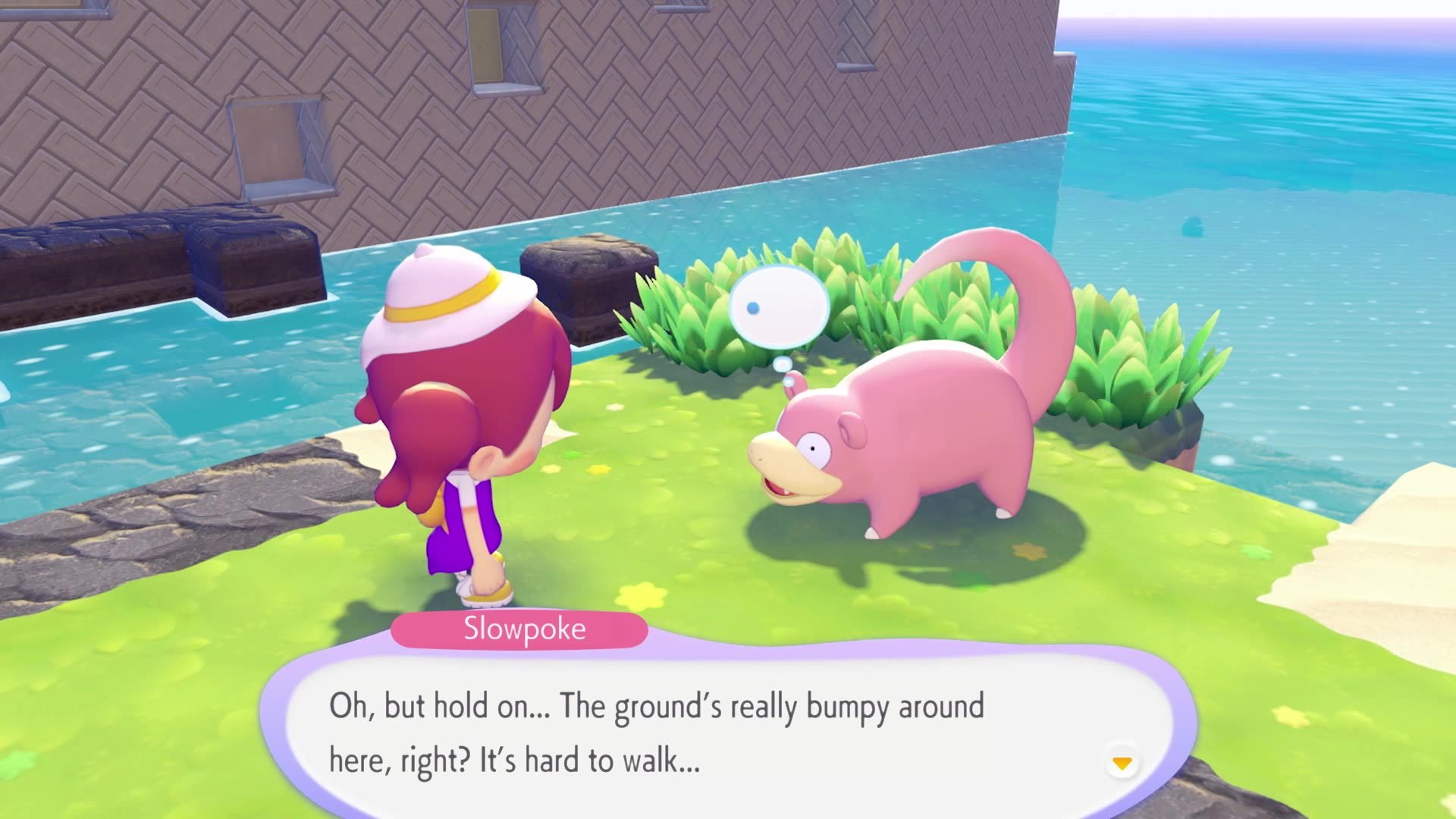 A Slowpoke NPC having a dialogue conversation with the player character in a town setting