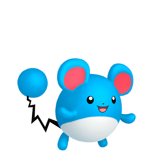 Marill sprite from Pokemon Pokopia showing the Aqua Mouse Pokemon with Water and Hype specialties