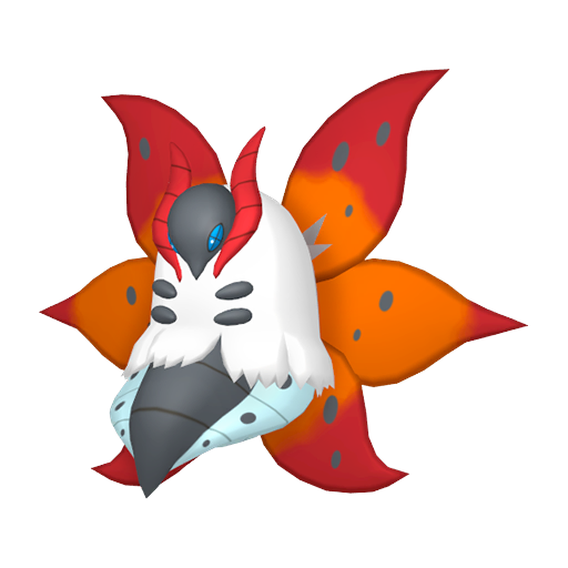 Volcarona sprite from Pokemon Pokopia showing the Sun Pokemon with Burn and Litter specialties