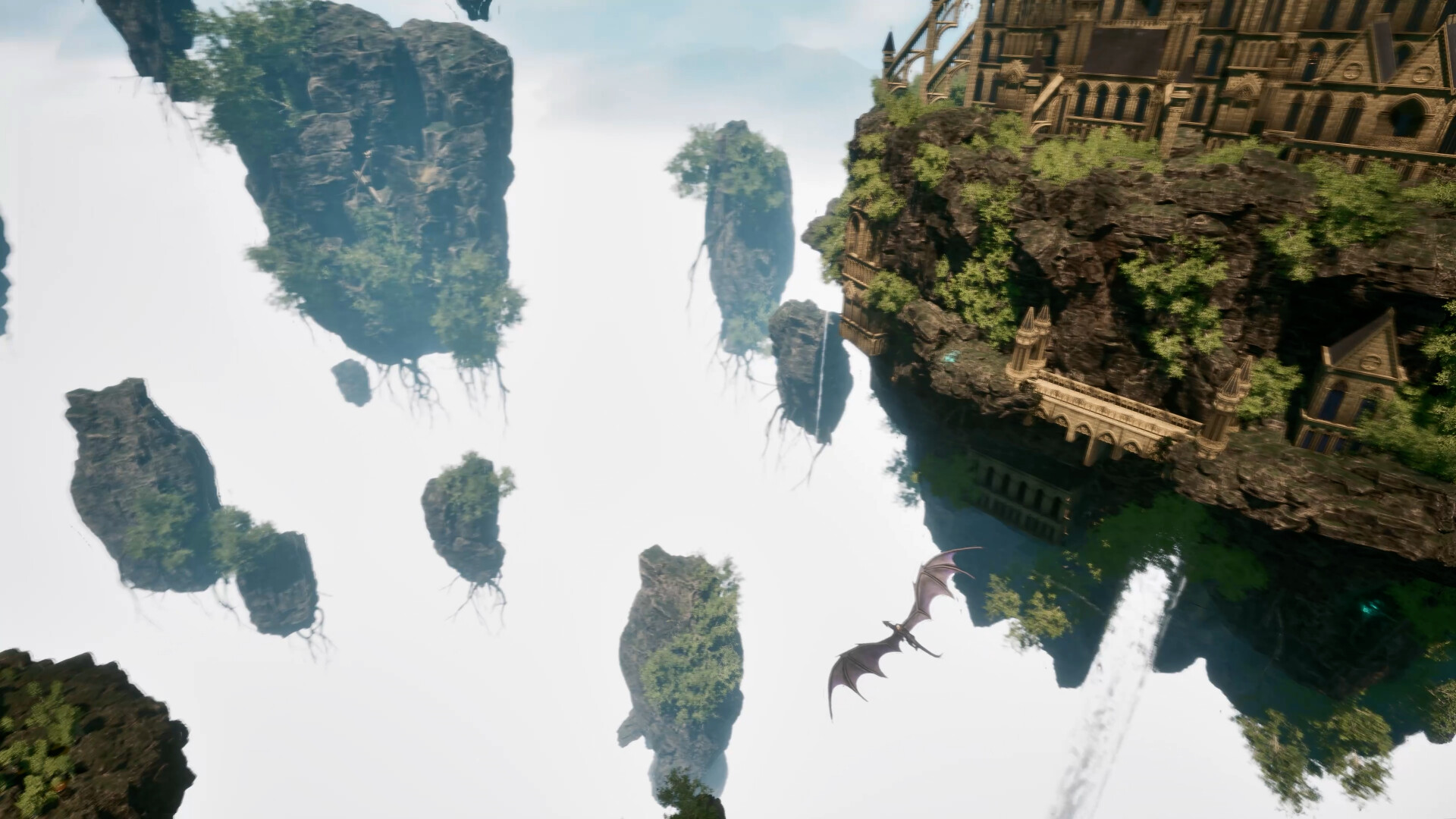 A dragon soars among small floating islands beside a cliffside fortress