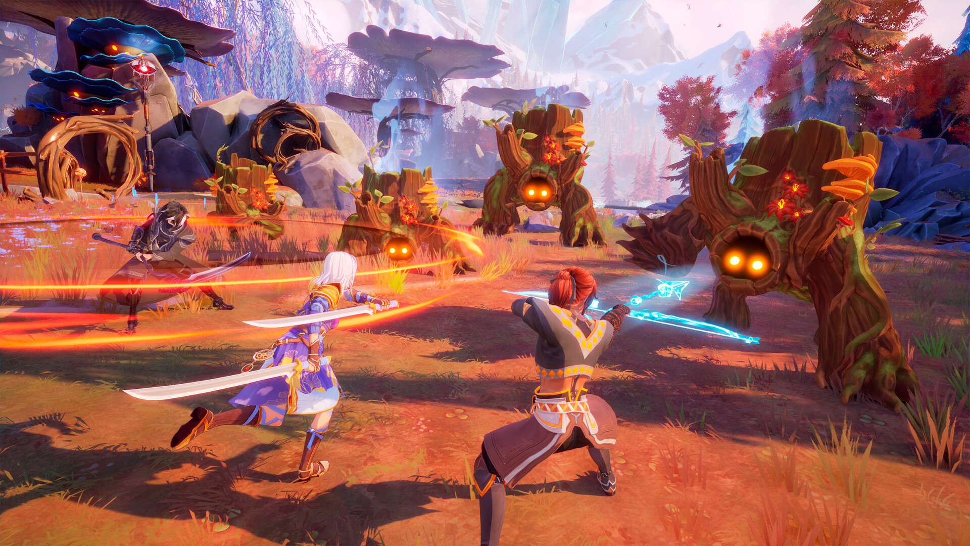 Eline and her companions fighting tree-like Corroded creatures in a forest clearing