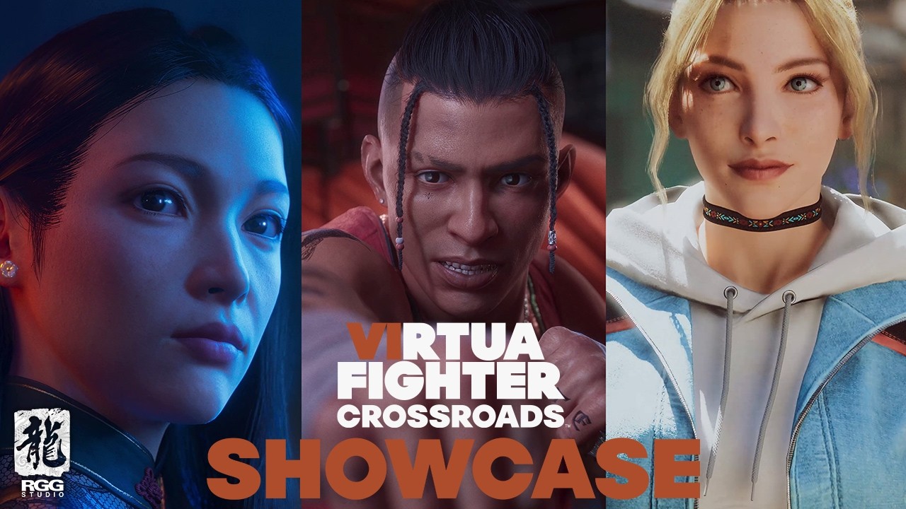 Three Virtua Fighter Crossroads characters side by side on the Showcase title card: a dark-haired woman in an embroidered mandarin-collar top, Cielo in a red tank top, and a blonde woman in a pale hoodie