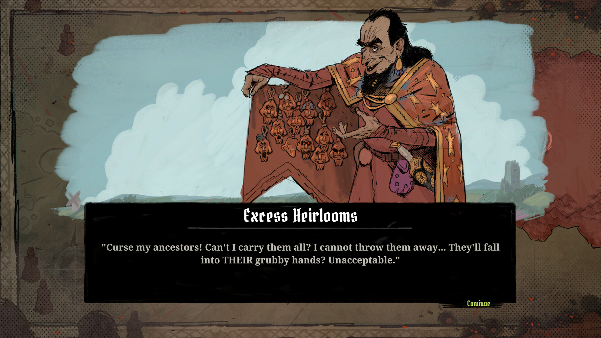 A narrative event in Tears of Metal titled Excess Heirlooms, in which a robed figure displays a cloak hung with ancestral charms