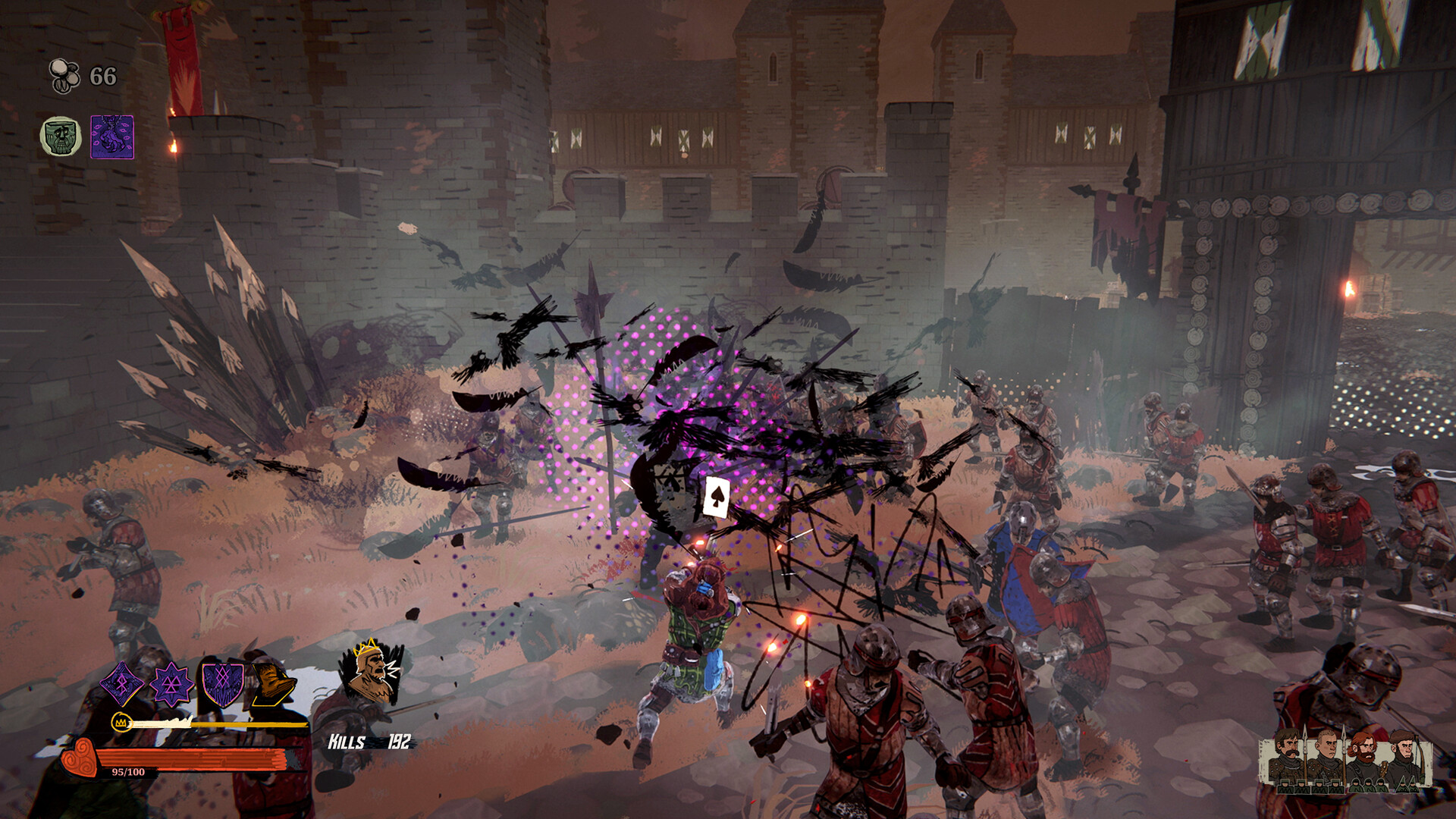 A hero of Tears of Metal unleashes a purple area-of-effect ability against massed defenders in front of a castle gate, with the kill counter at 192