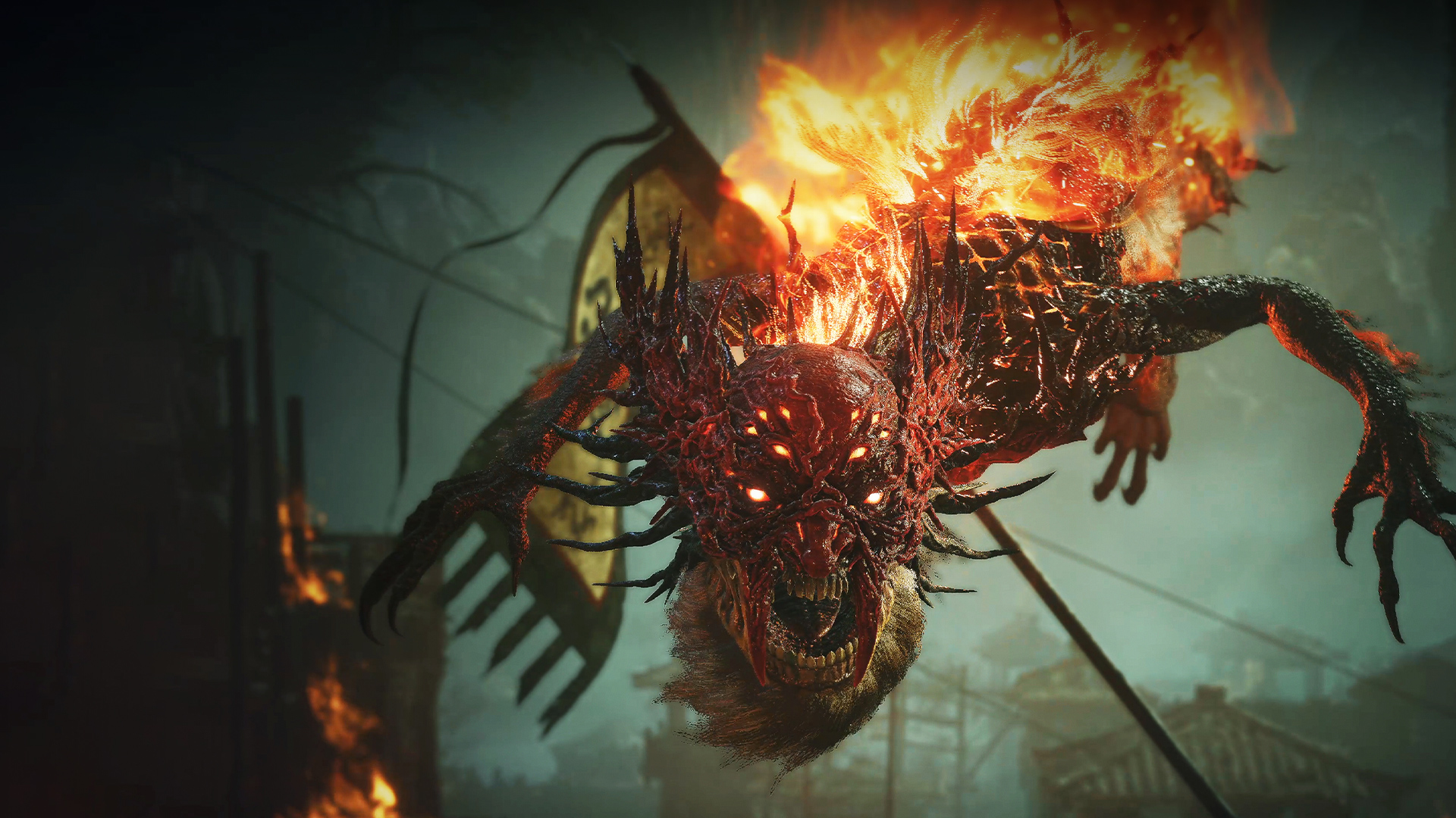 Tighter framing of the flame-wreathed dragon fiend, horned and many-eyed, as it lunges over a burning settlement in Wo Long 2: Wings of Ember
