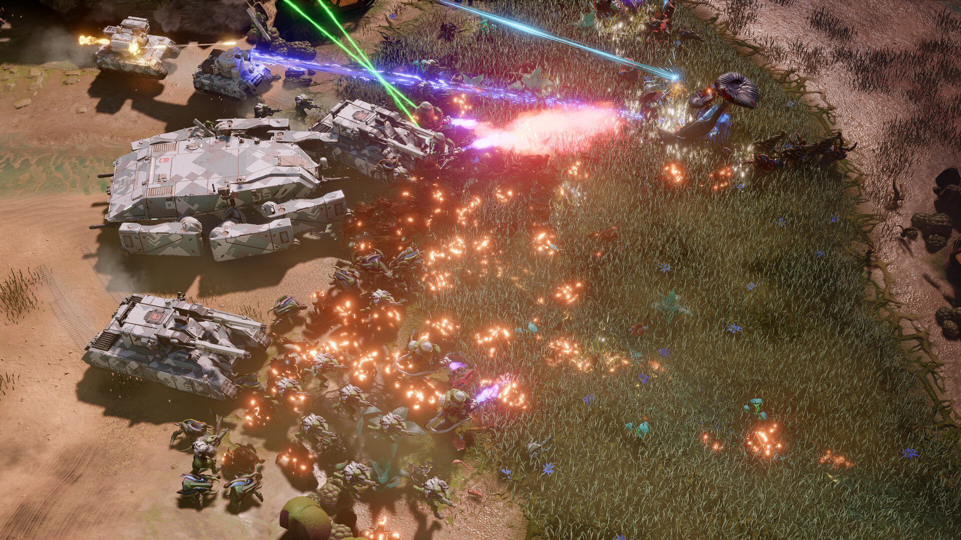 Protectorate armour and infantry firing into an advancing Grell swarm along the edge of a green biomass mat