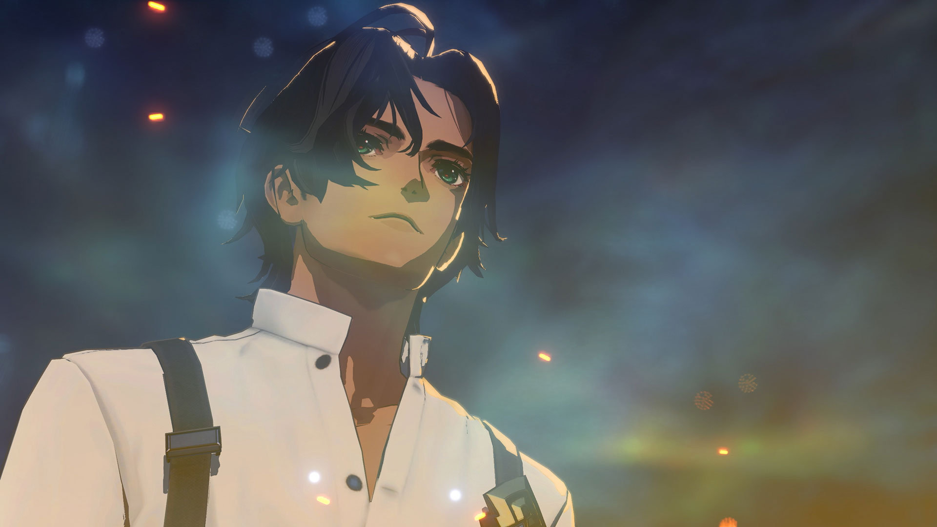 A dark-haired character in a white high-collared jacket at night in Xenoblade Genesis, with points of light drifting in the background