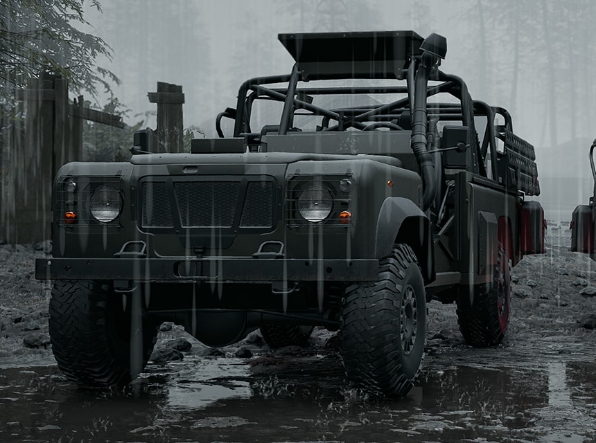 The Wolf-110, an open light wheeled transport with a roll cage, parked in the rain in WARDOGS