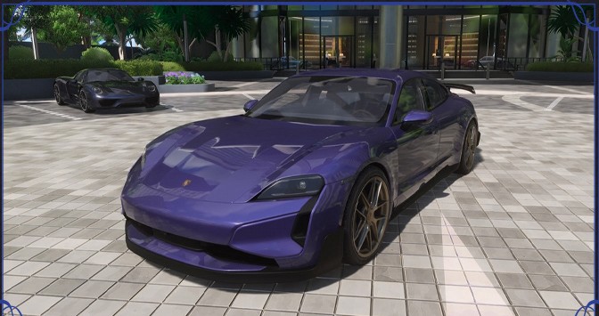 A purple Porsche Taycan Turbo GT with Weissach Package parked in a plaza in Hethereau, announced for Version 1.4 alongside the 911 Turbo (930)