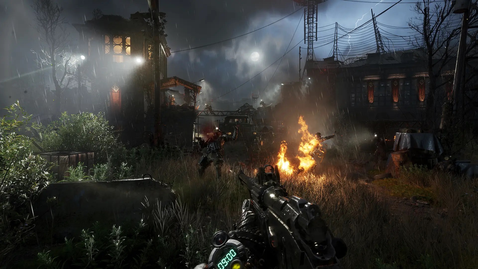 First-person view of a night firefight in a rain-soaked surface settlement, an improvised rifle raised and a wristwatch visible on the player's left wrist.