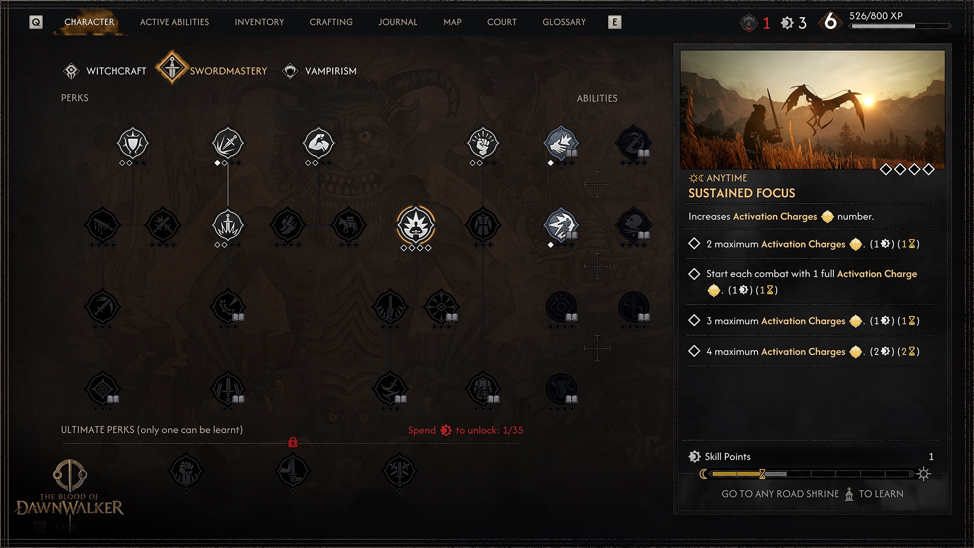 The Swordmastery skill tree screen, with perks, abilities, ultimate perks and the Sustained Focus perk selected