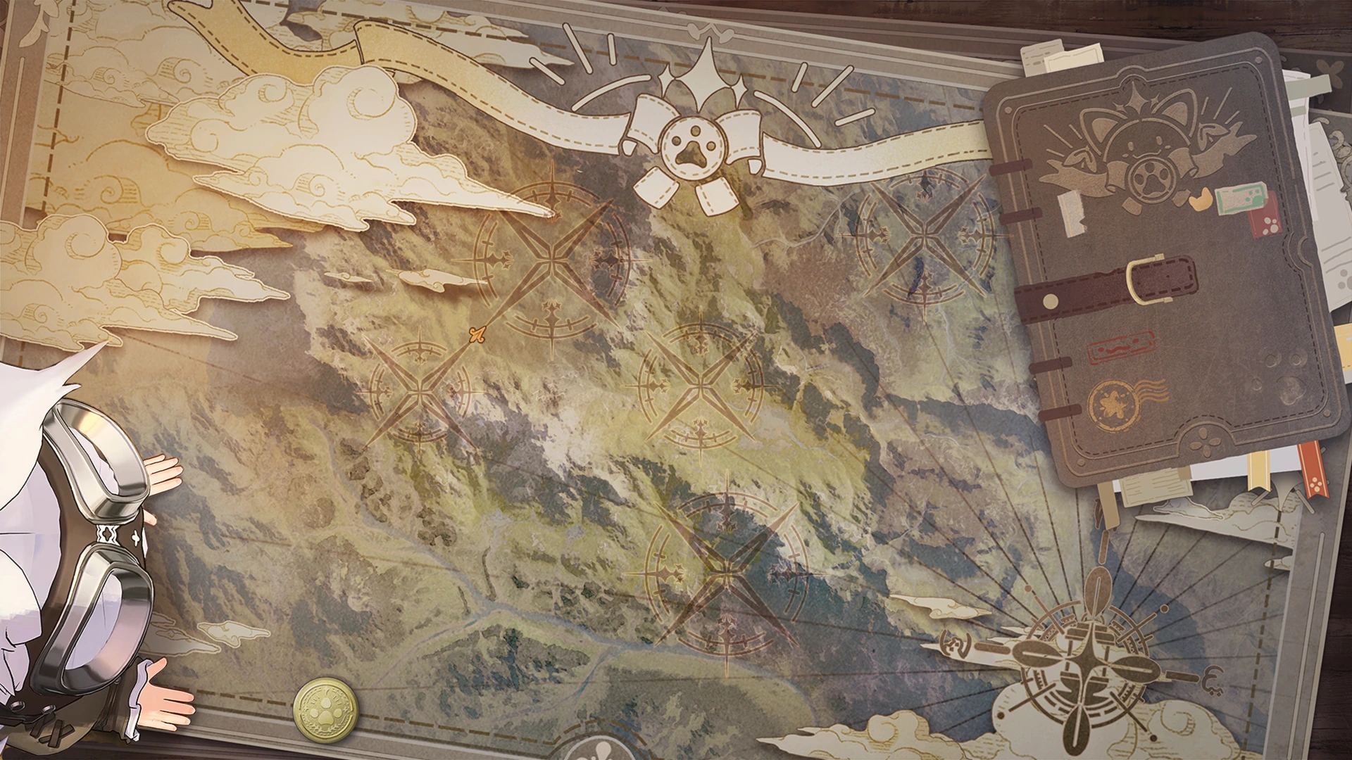 Illustrated map of the continent of Promilia on a desk beside a leather notebook