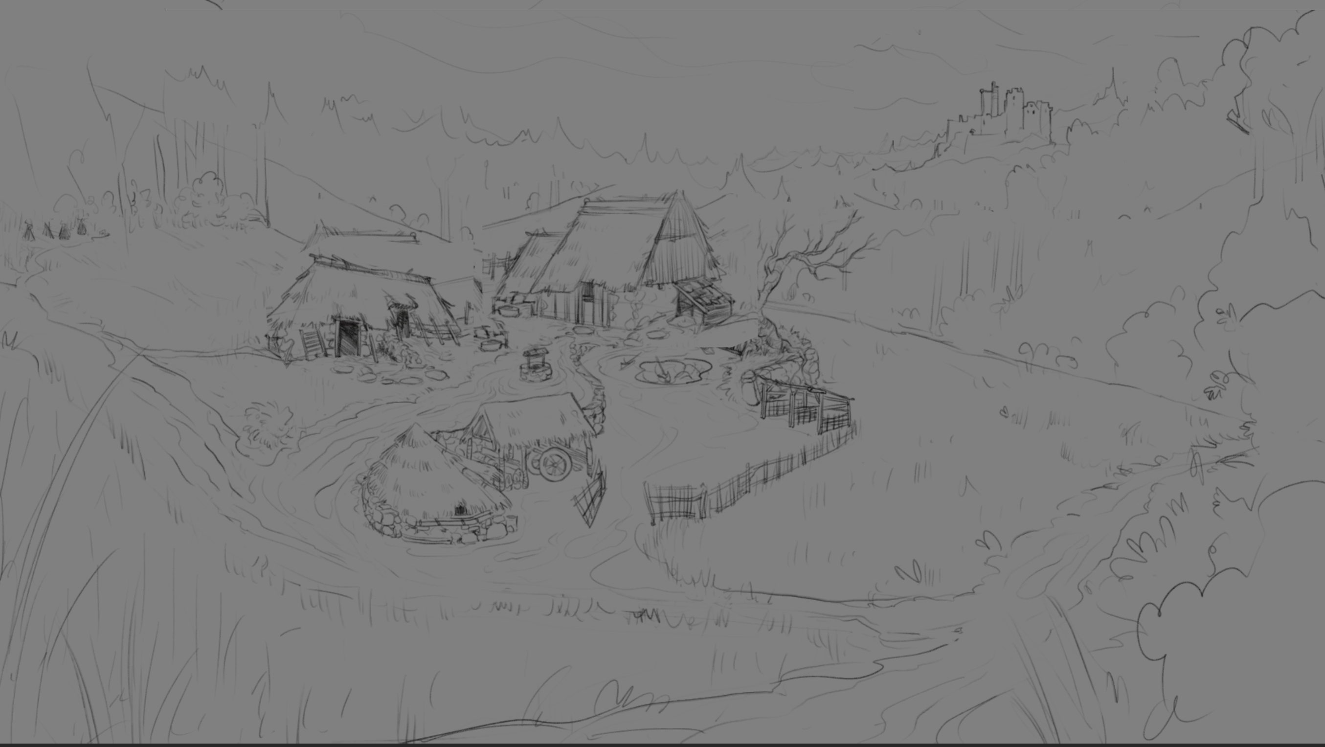 A line sketch of a settlement area in progress, from the July 2026 developer update