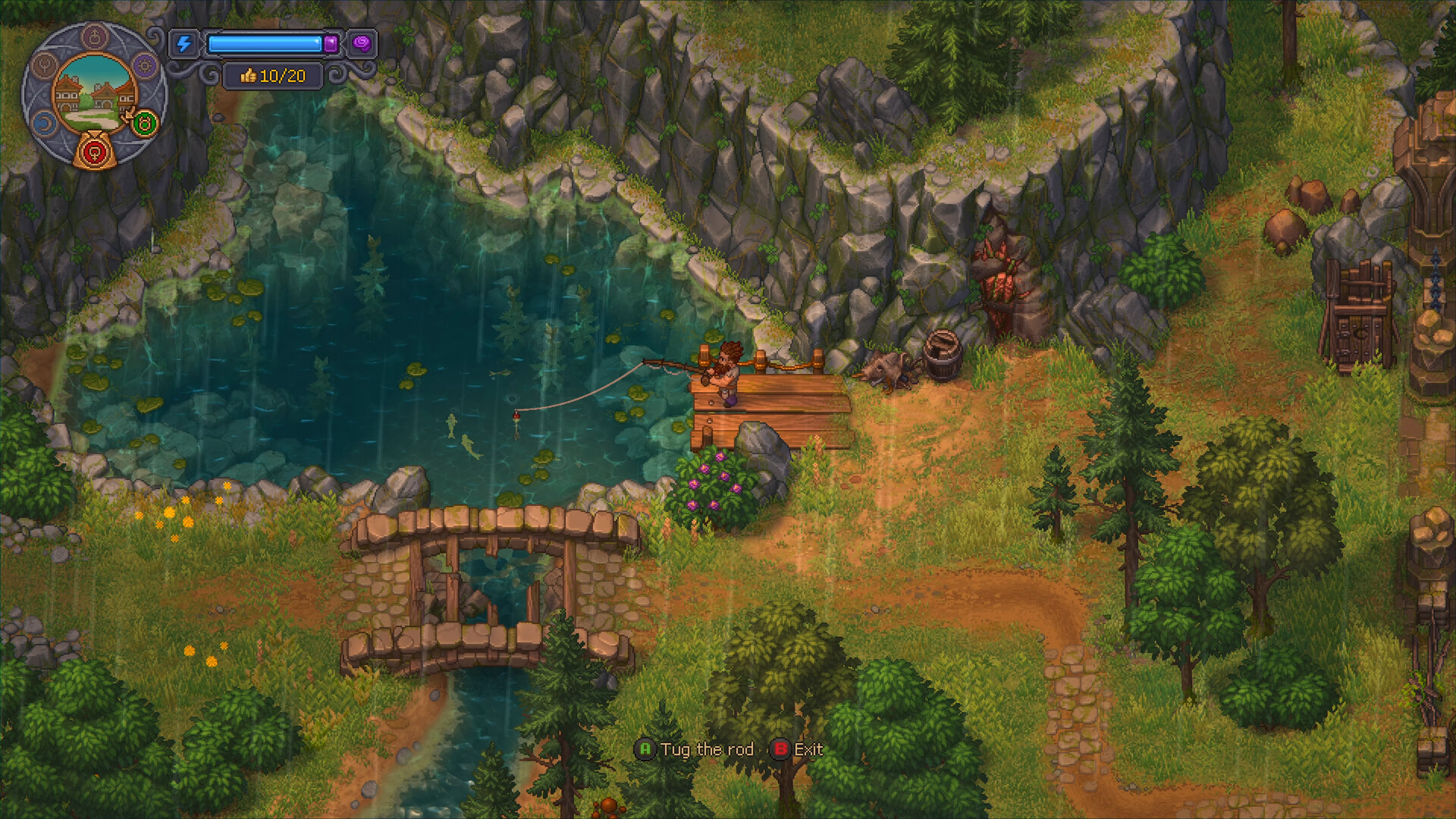 Graveyard Keeper 2 demo screenshot of the Keeper fishing from a wooden jetty on a mountain pond in the rain, with fish visible in the water, a stone bridge below, the compass ring and approval gauge in the top left and controller prompts reading Tug the rod and Exit