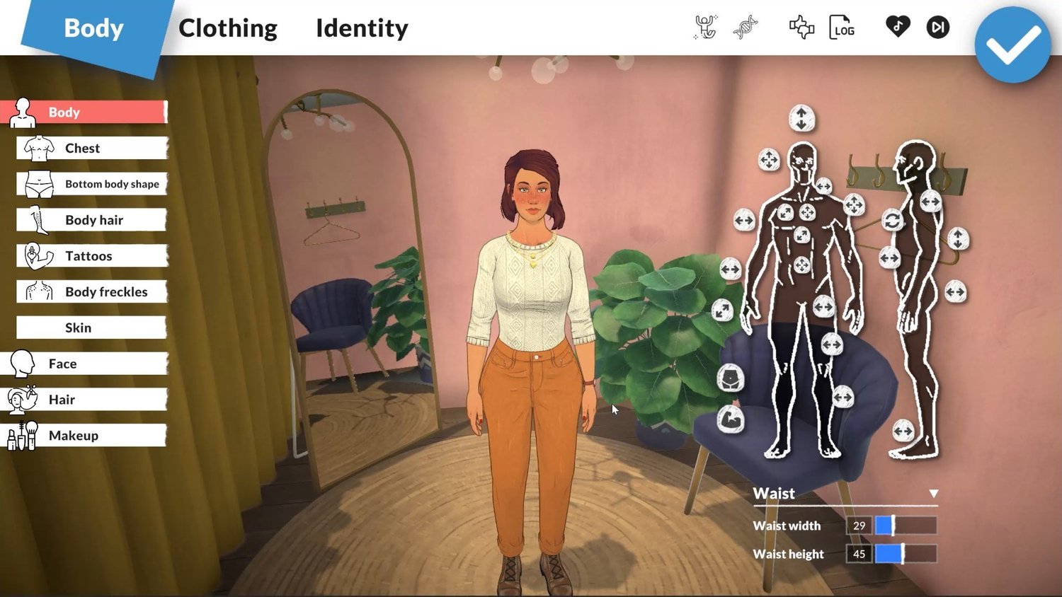 Maggie Vaughan character shown in the Paralives Paramaker diagram tool with body customization