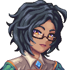 The Pioneers Guild Task Manager from Soulbound: Online, a pixel art portrait of a woman with short wavy blue grey hair, round glasses and amber eyes, wearing a pale collared jacket with a blue gem at the throat