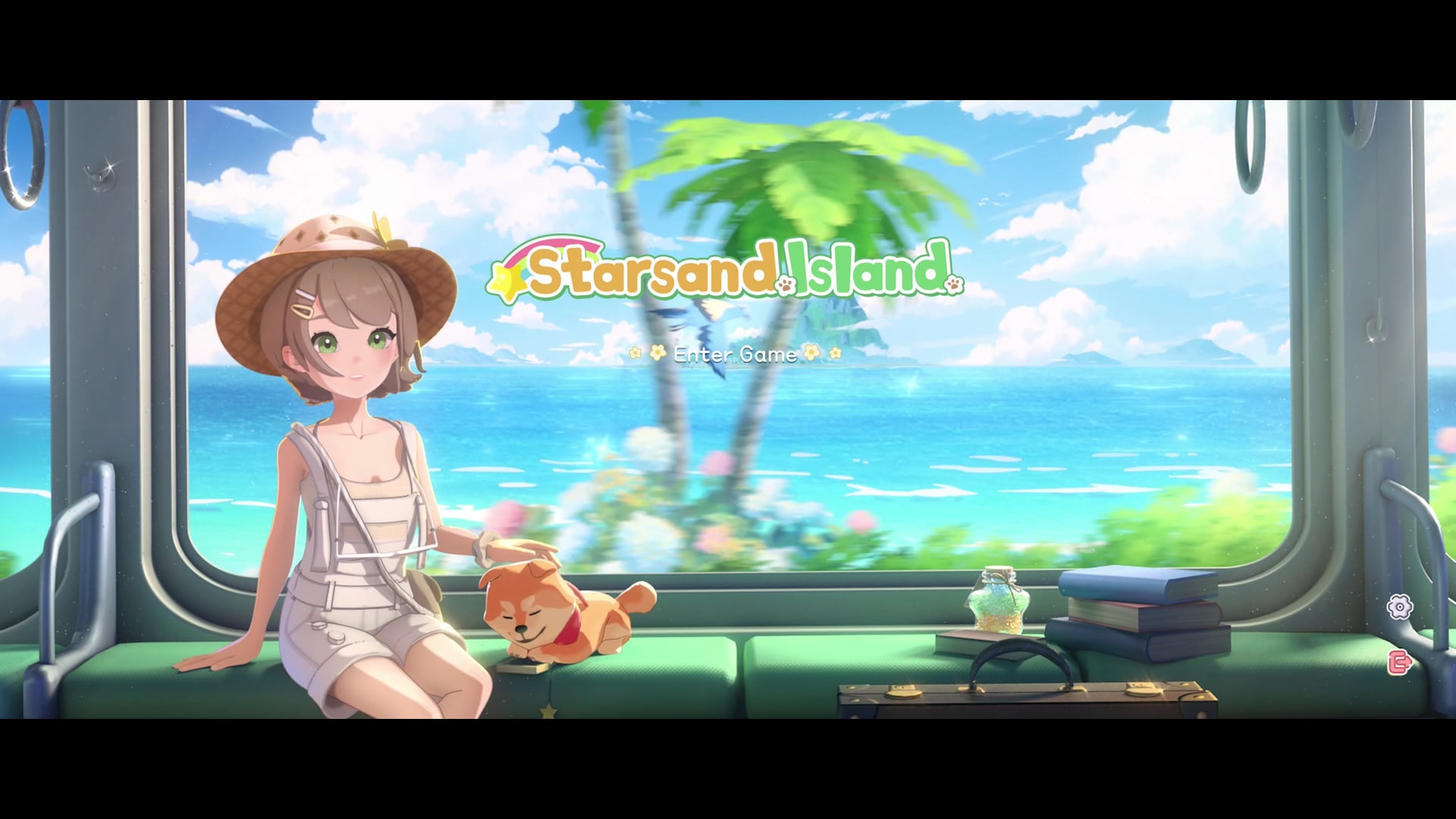 Starsand Island title screen showing the player character arriving by train with a pet corgi