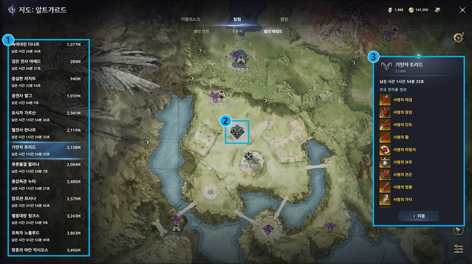 The world map's field boss tab for Altgard, listing named bosses with respawn timers and a selected boss's drops, in Korean