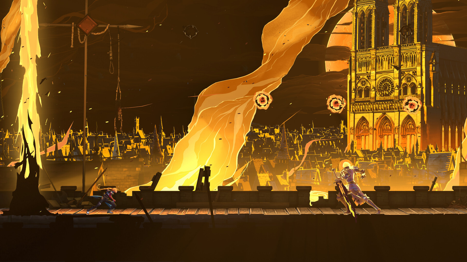 Rose runs along a Paris rooftop toward a haloed armoured figure with a greatsword, with Notre-Dame and the burning city behind them